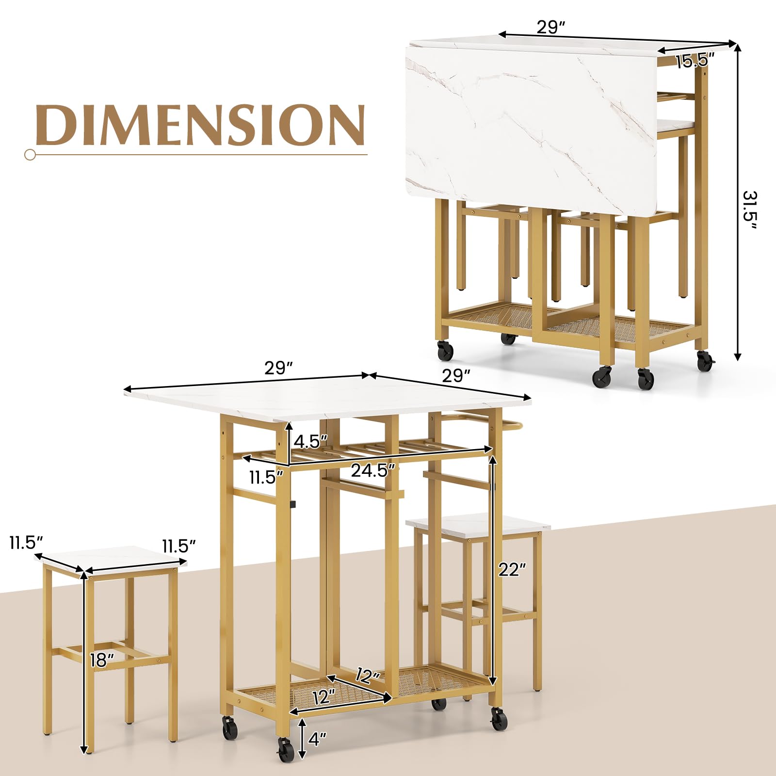 3 Piece Foldable Dining Table Set, Extendable Dining Table & 2 Stools Set w/ 6-Bottle Wine Rack, Shelves & Side Pushing Handle