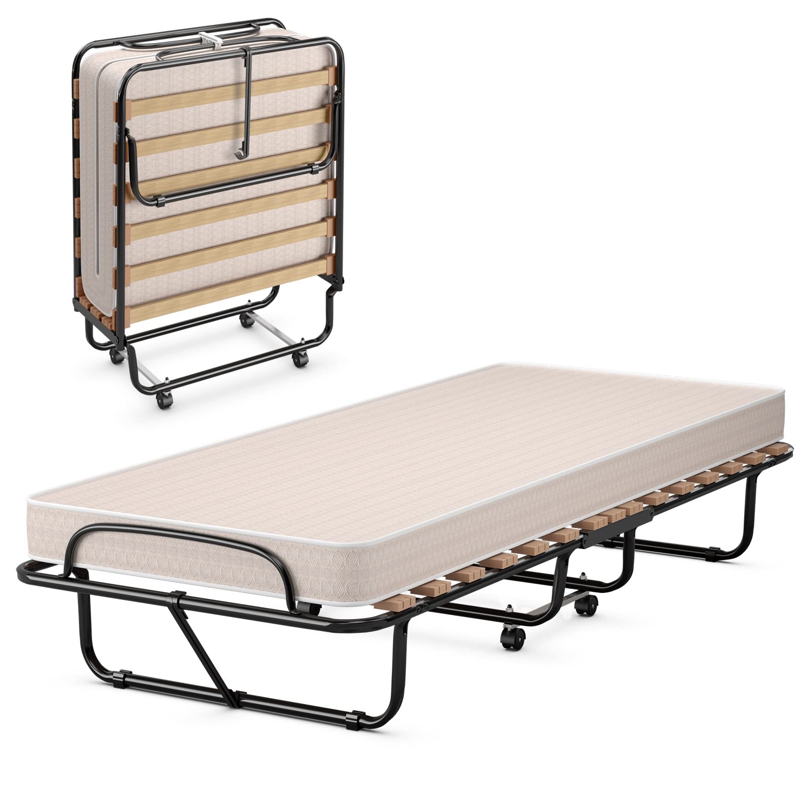 Folding Bed with Mattress for Adults, Rollaway Guest Beds w/Memory Foam Mattress & Metal Frame