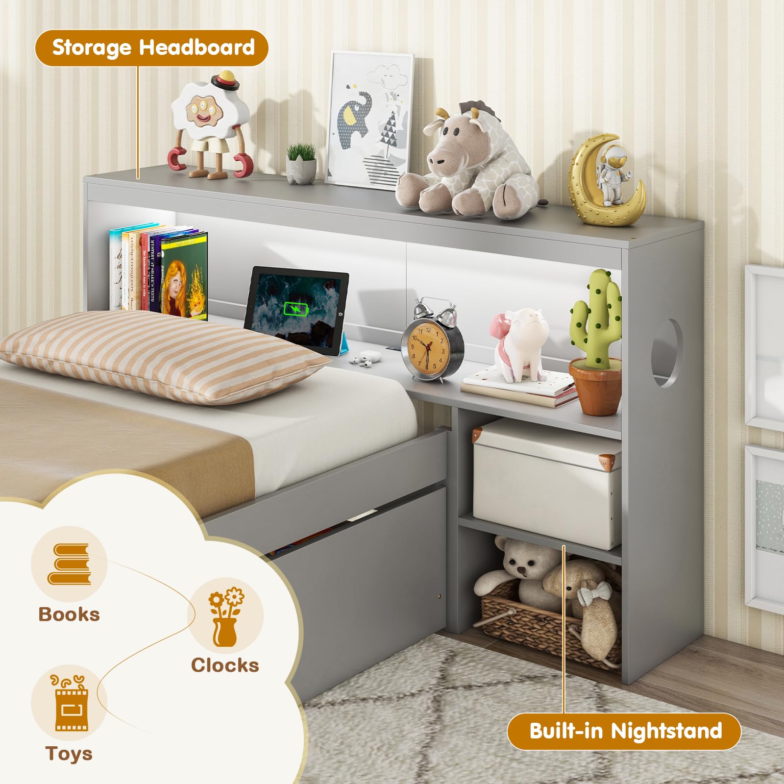 Wood Twin Bed Frame with Storage Drawer & Headboard, Modern Platform Bed with Charging Station & LED Light