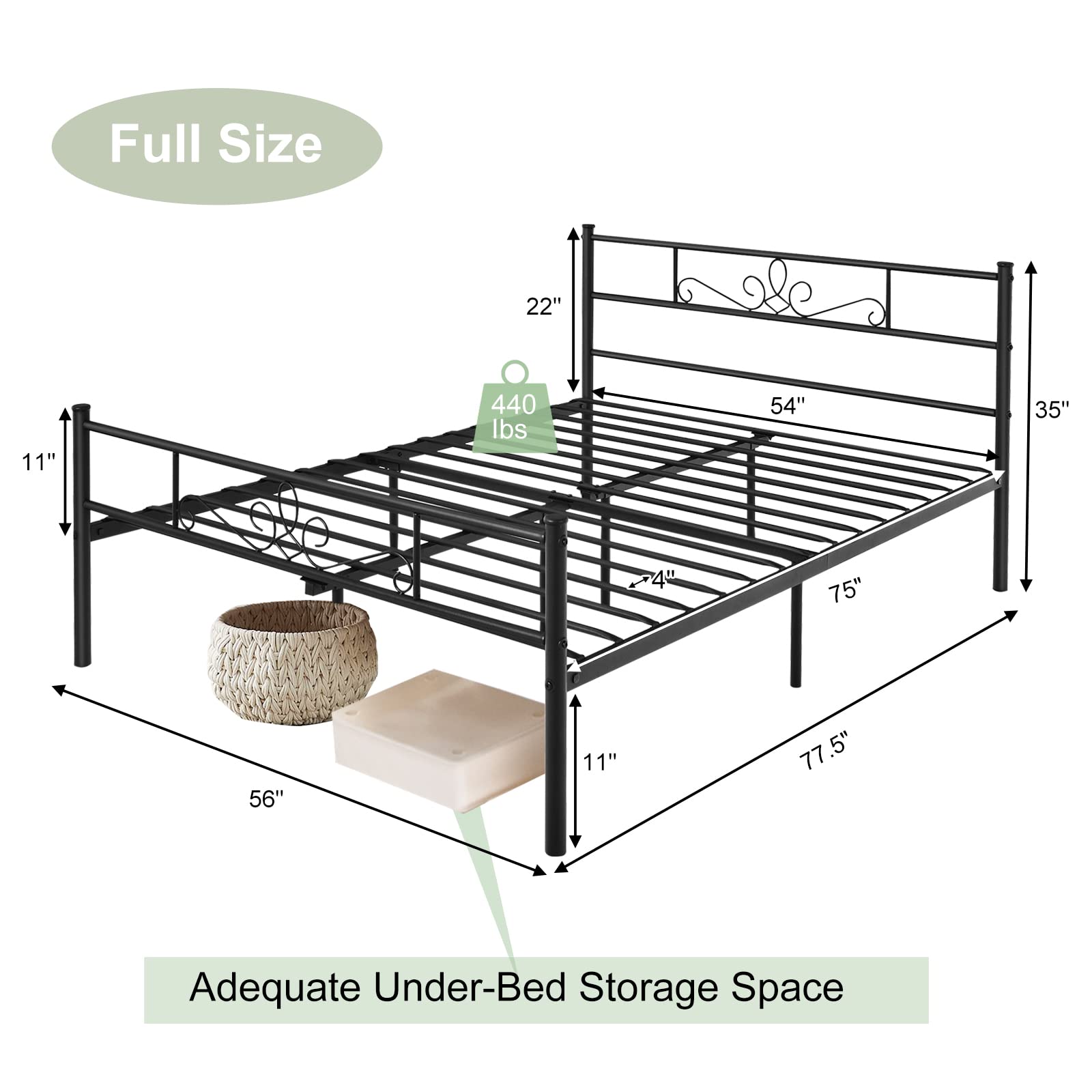 Metal Platform Bed Frame with Headboard & Footboard, Reinforced Metal Slats Supported Mattress Foundation