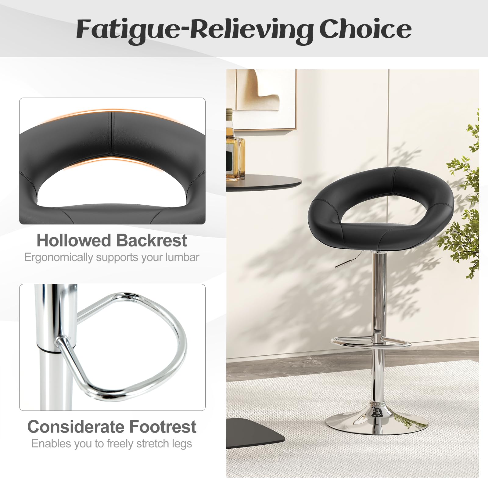 Adjustable Swivel Bar Stools Set of 2/4, Modern PU Leather Counter Height Bar Chairs w/Hollowed Back, Footrest, Metal Base