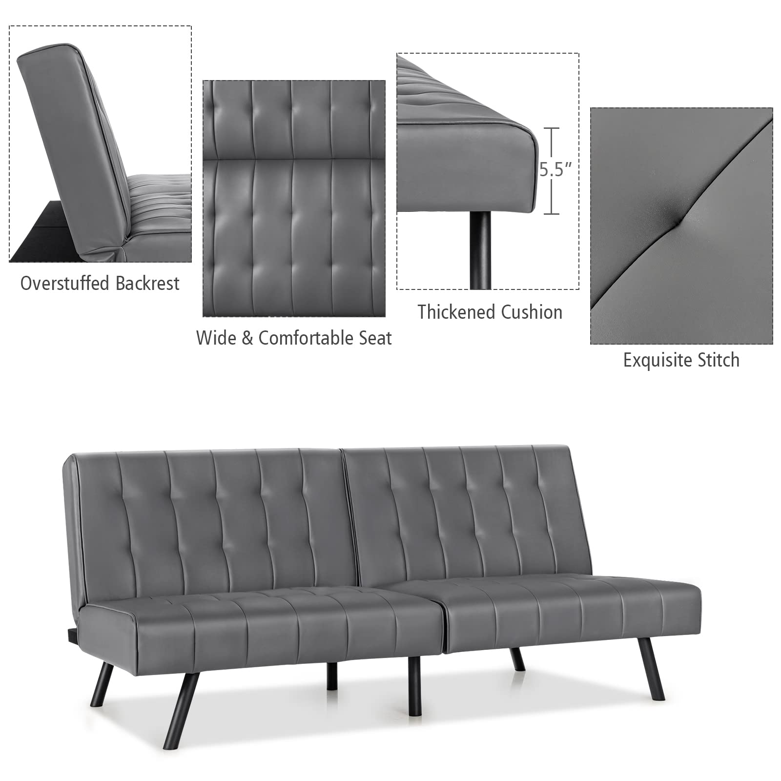 Faux Leather Futon Sofa Bed with Adjustable Backrest