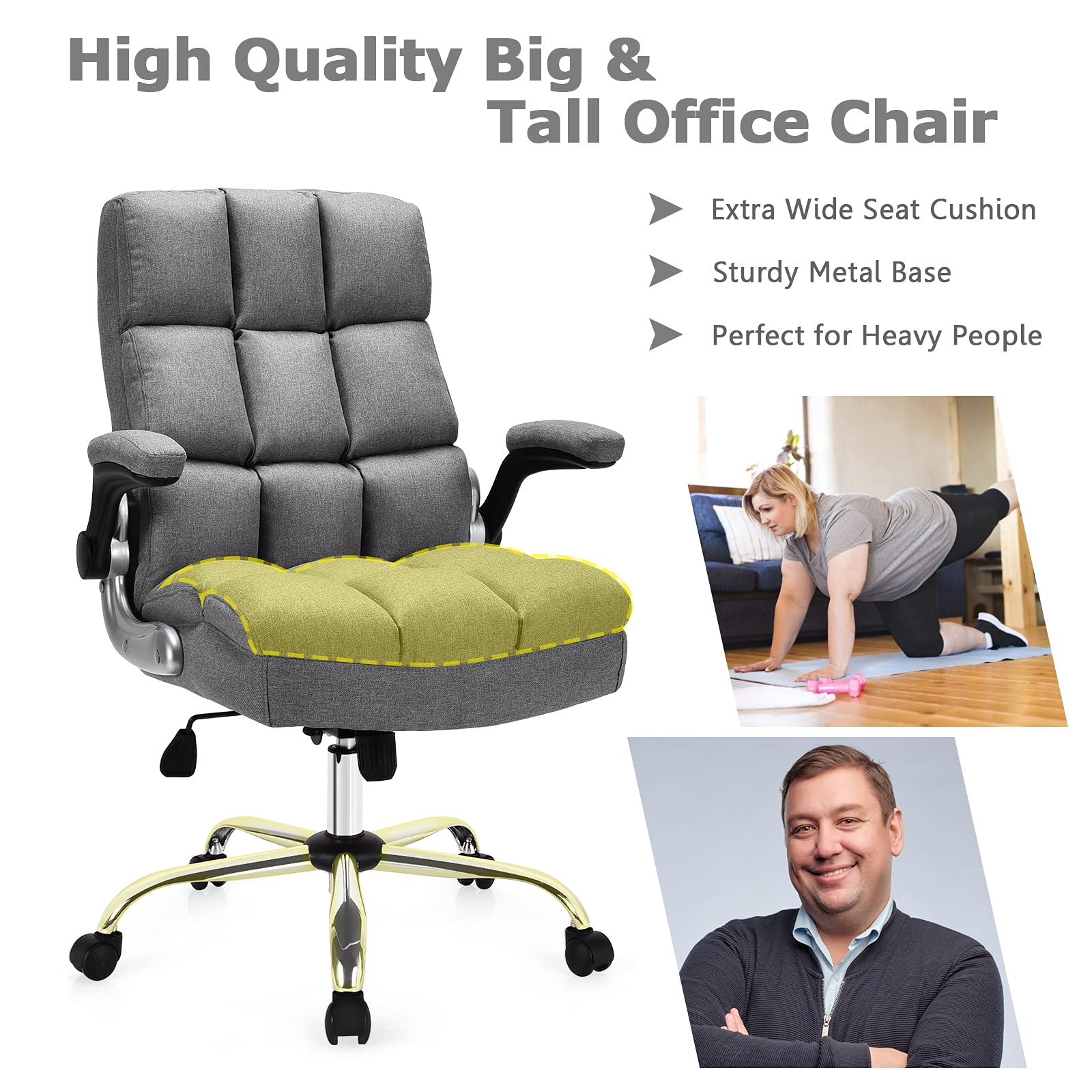 Executive Office Chair, Adjustable Tilt Angle and Flip-up Armrest Linen Fabric Upholstered Chair with Thick Padding