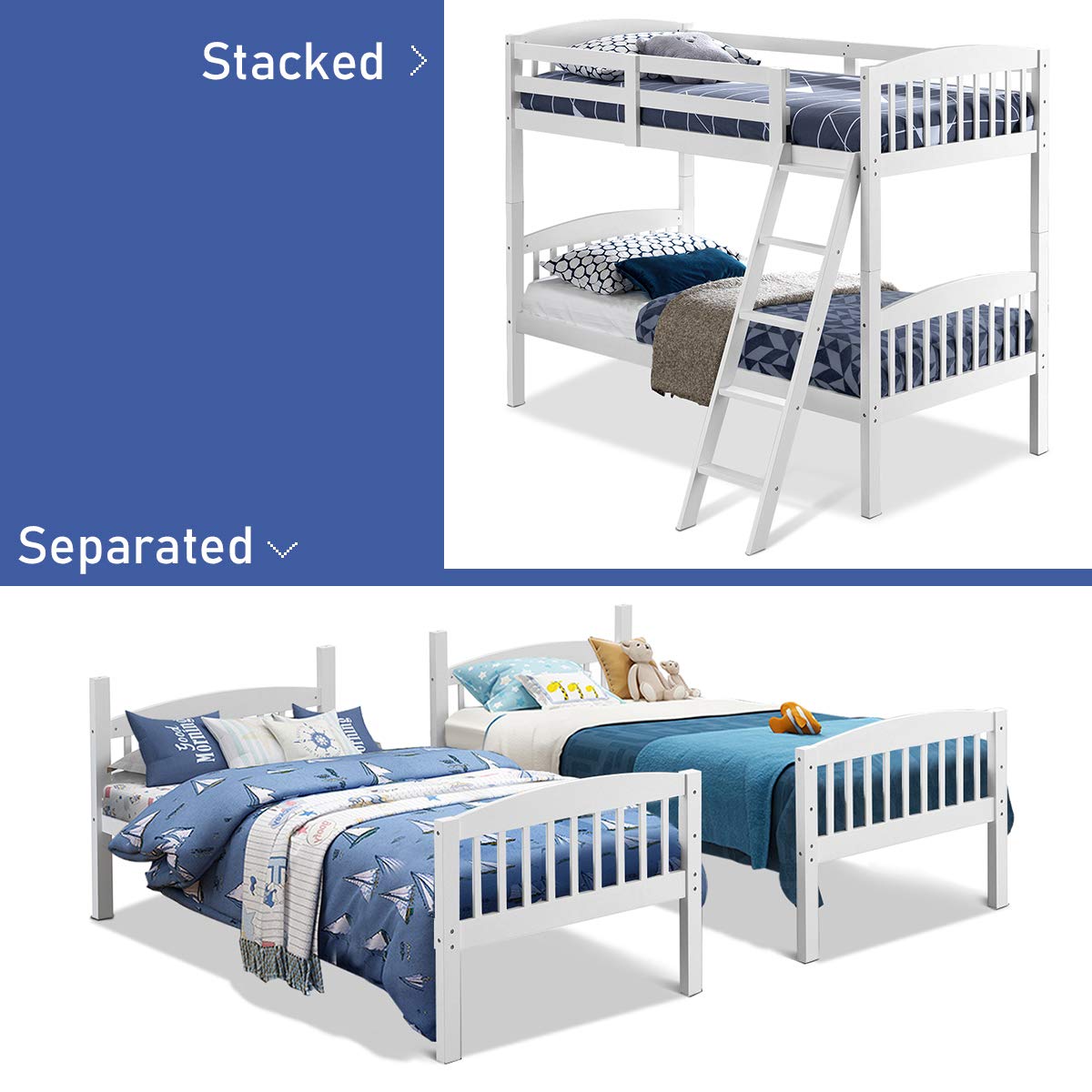 Twin Over Twin Bunk Beds, Convertible Into Two Individual Solid Rubberwood Beds