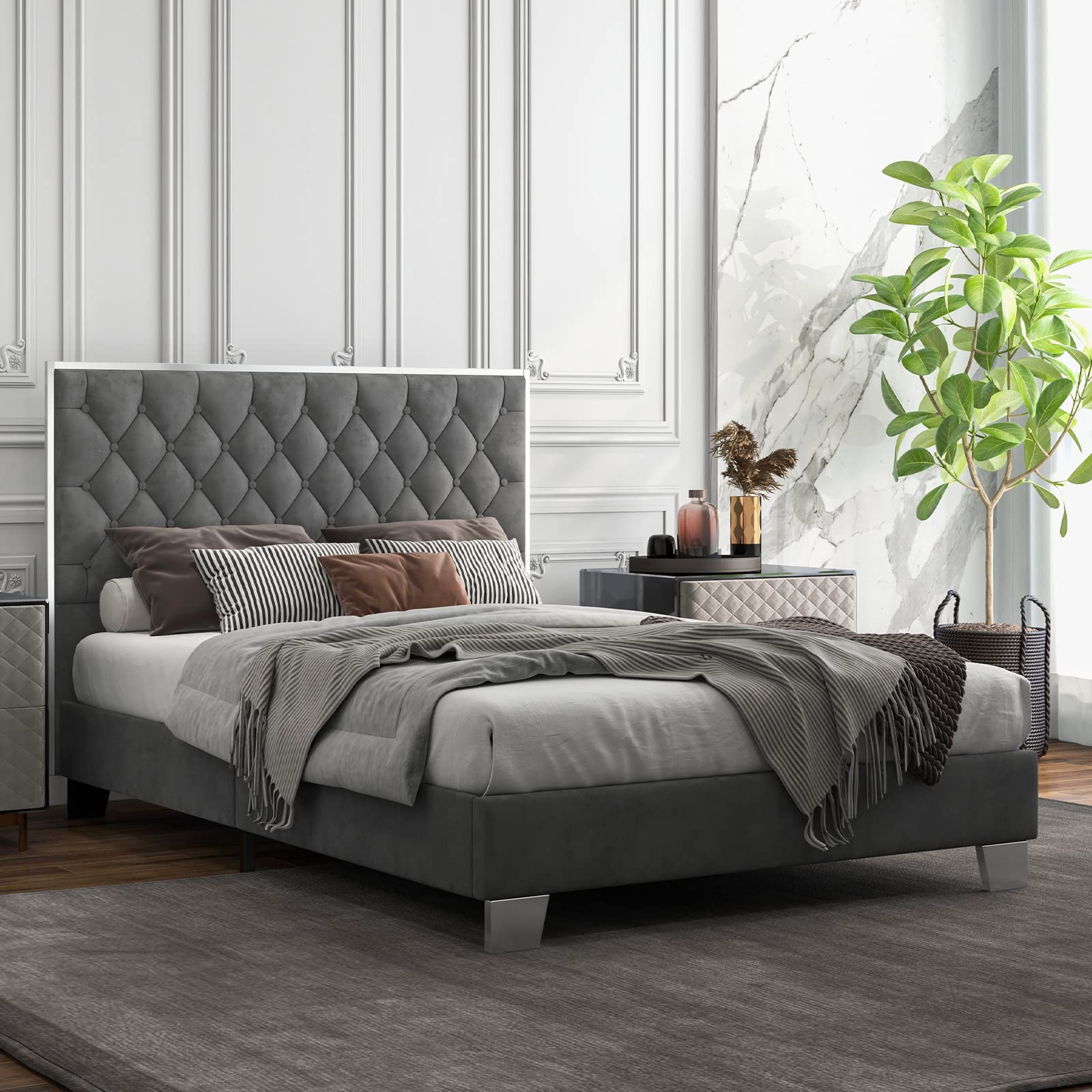 Full Size Upholstered Bed Frame with Button Tufted Headboard