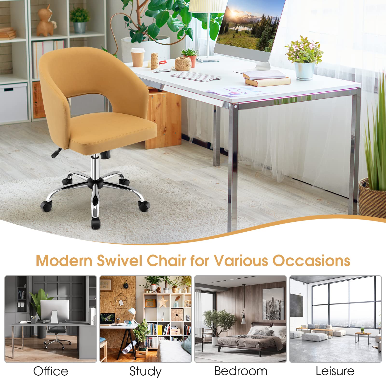 Home Office Desk Chair, Comfy Upholstered Chair with Hollow Design & Height Adjustable