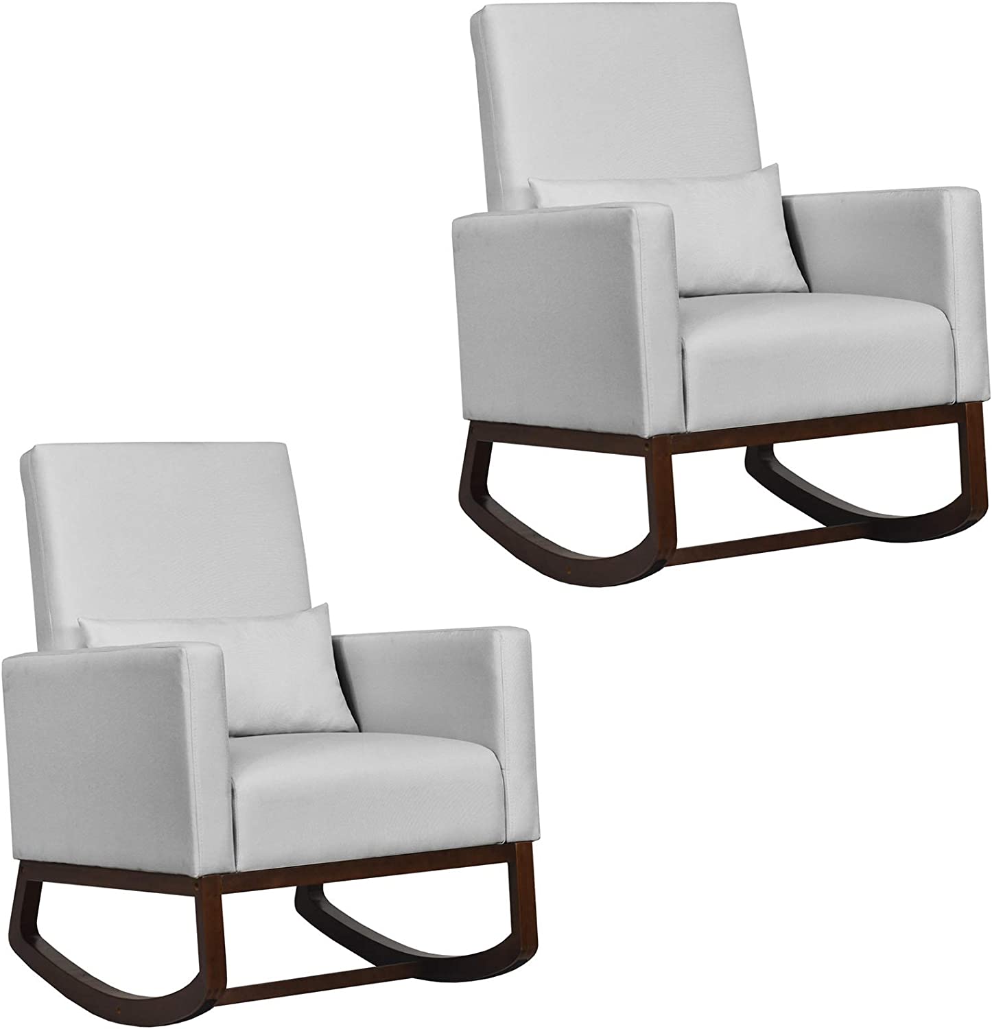 Upholstered Rocking Chair, Modern High Back Armchair, Comfortable Rocker with Fabric Padded Seat, Waist Pillow