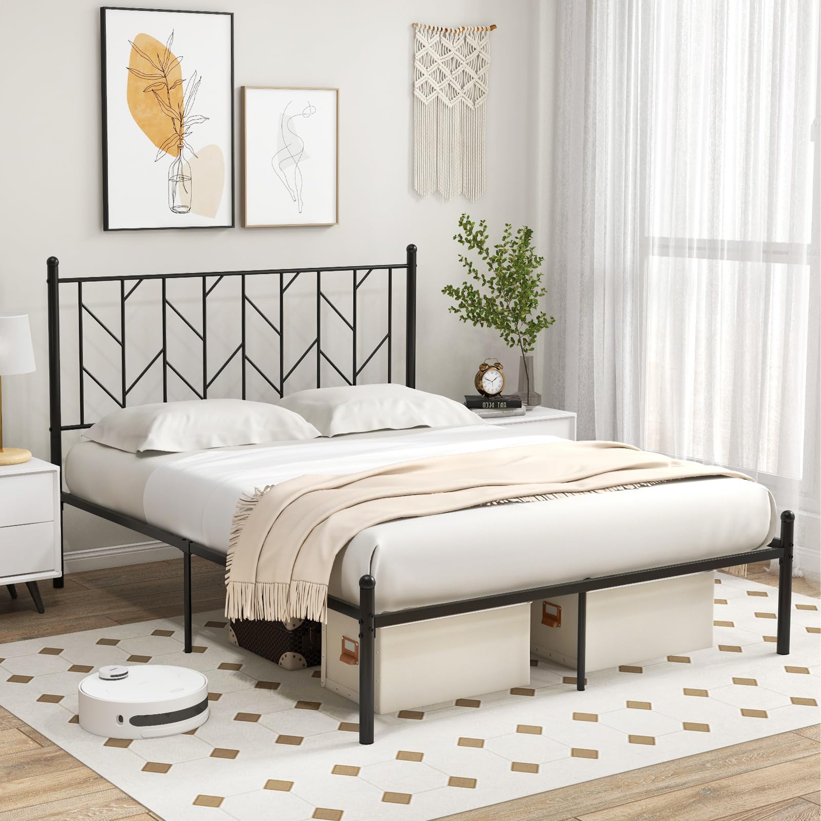 Metal Bed Frame with Victorian Style Headboard, 14 Metal Slats Support