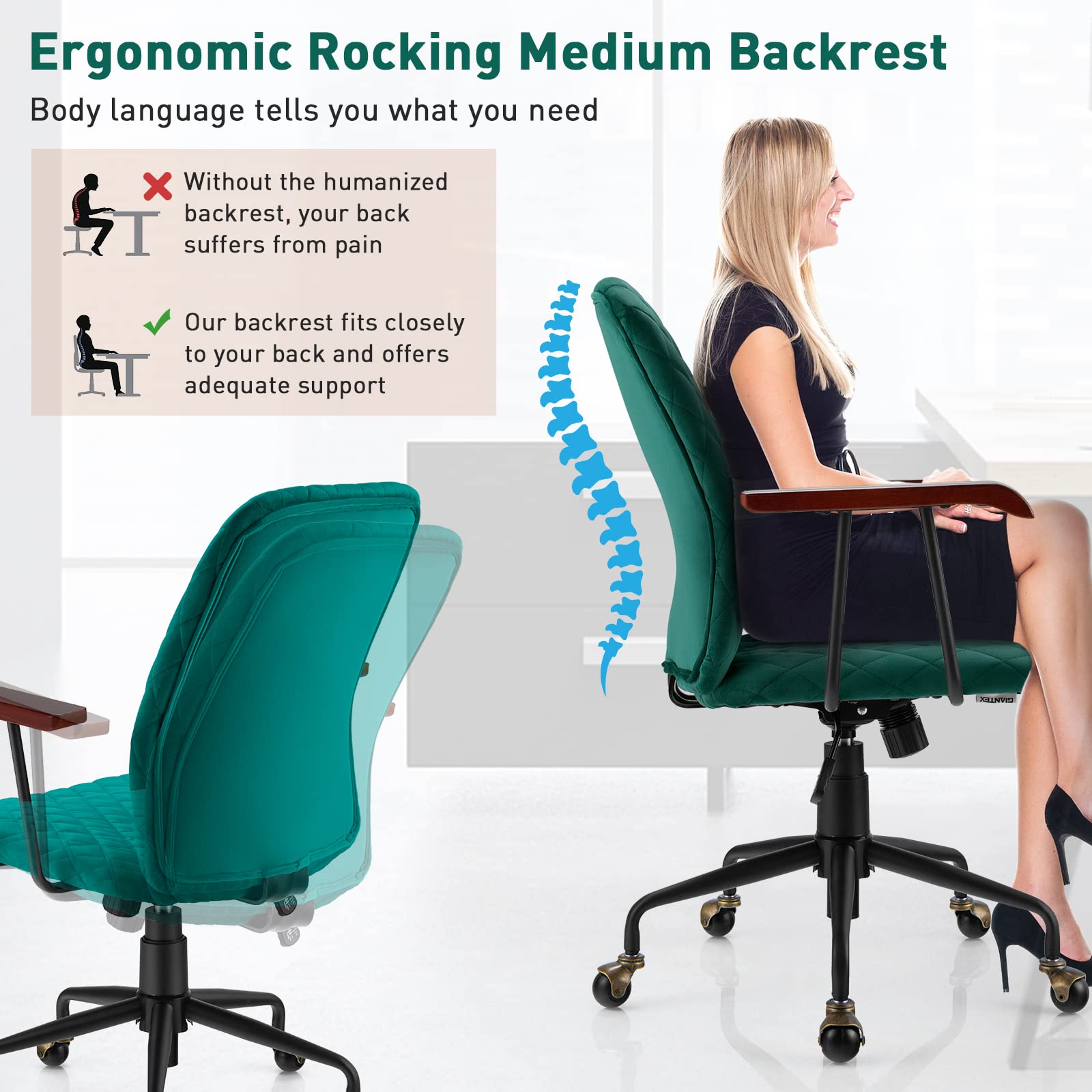 Home Office Desk Chair, Vintage Adjustable Swivel Rolling Chair with Copper Wheels & Armrest