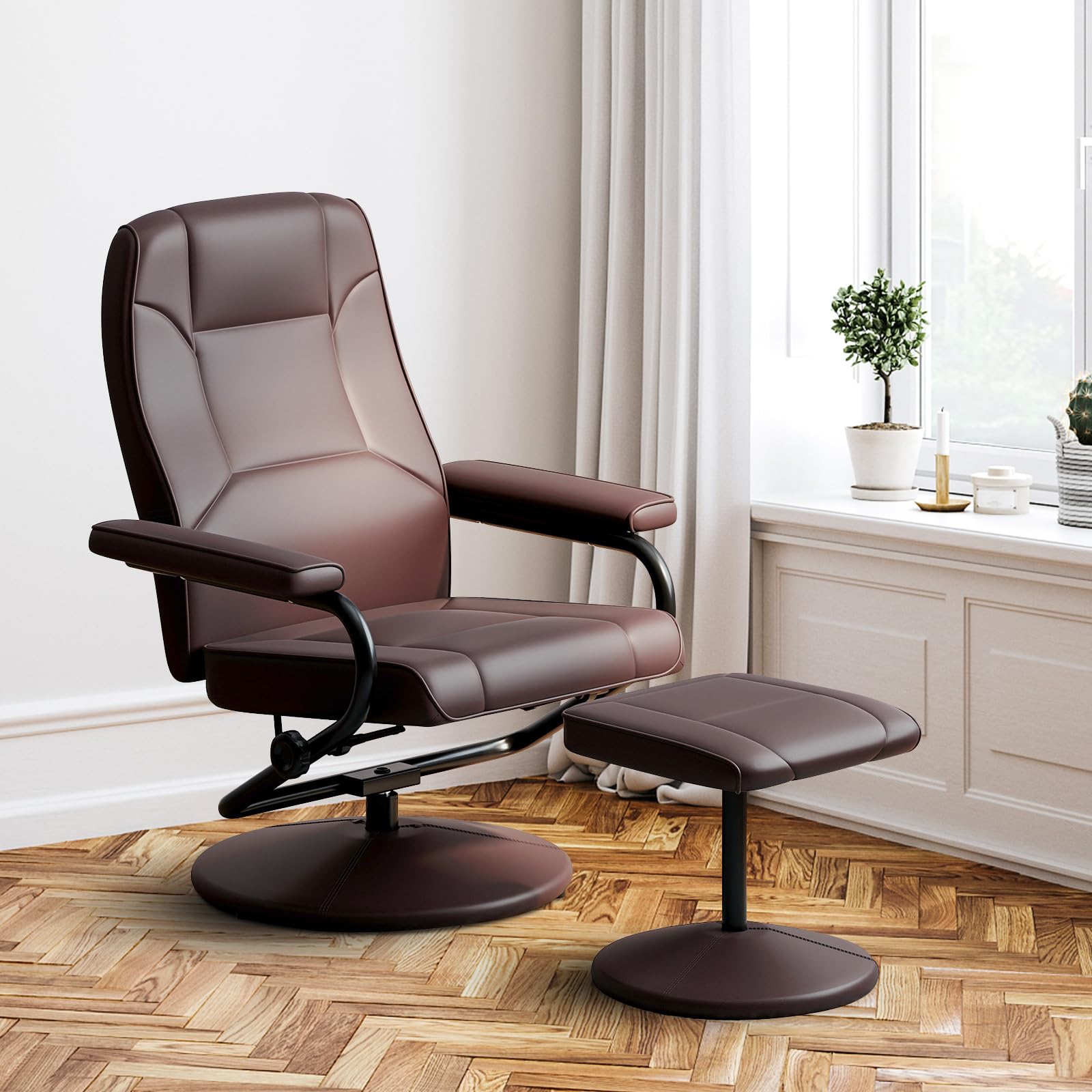 Recliner Chair with Ottoman, 360&deg; Swivel Faux Leather Reclining Chair w/Adjustable Backrest, Footrest