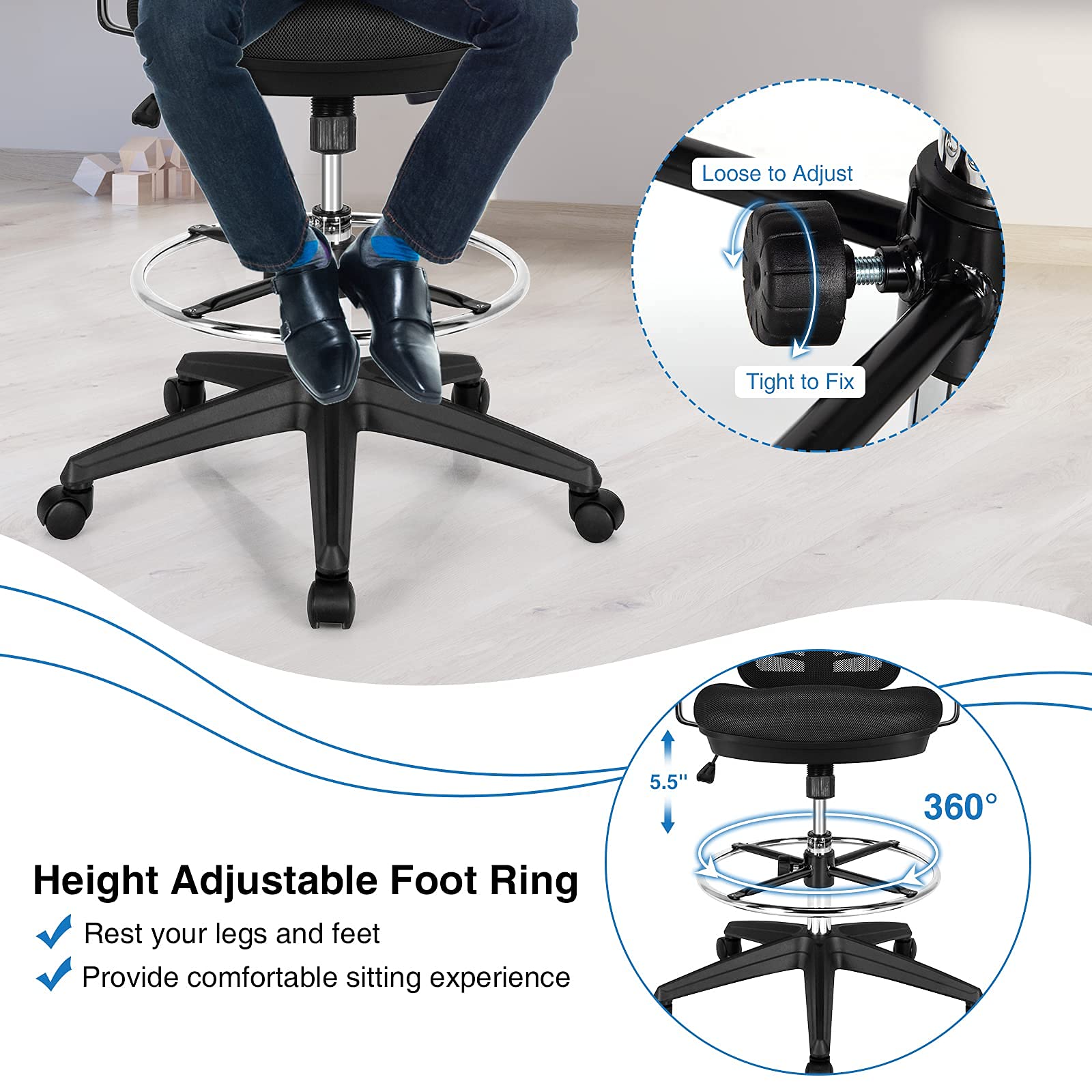 Drafting Chair, Standing Desk Chair with Lumbar Support, Footrest Ring & Armrests