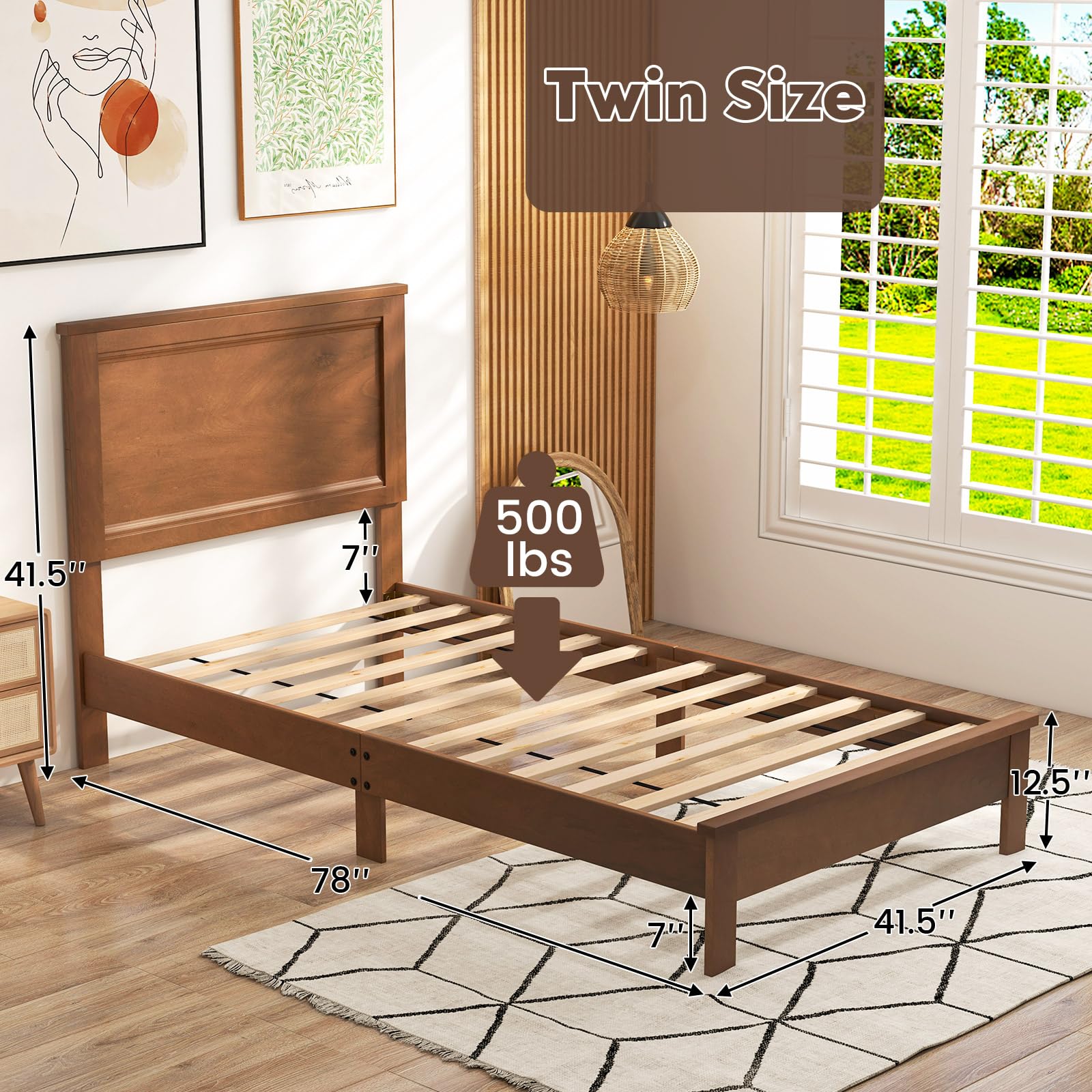 Wood Platform Bed Frame with Headboard, Mid Century Platform Bed Frame with Solid Wood Legs & Wooden Slat Support