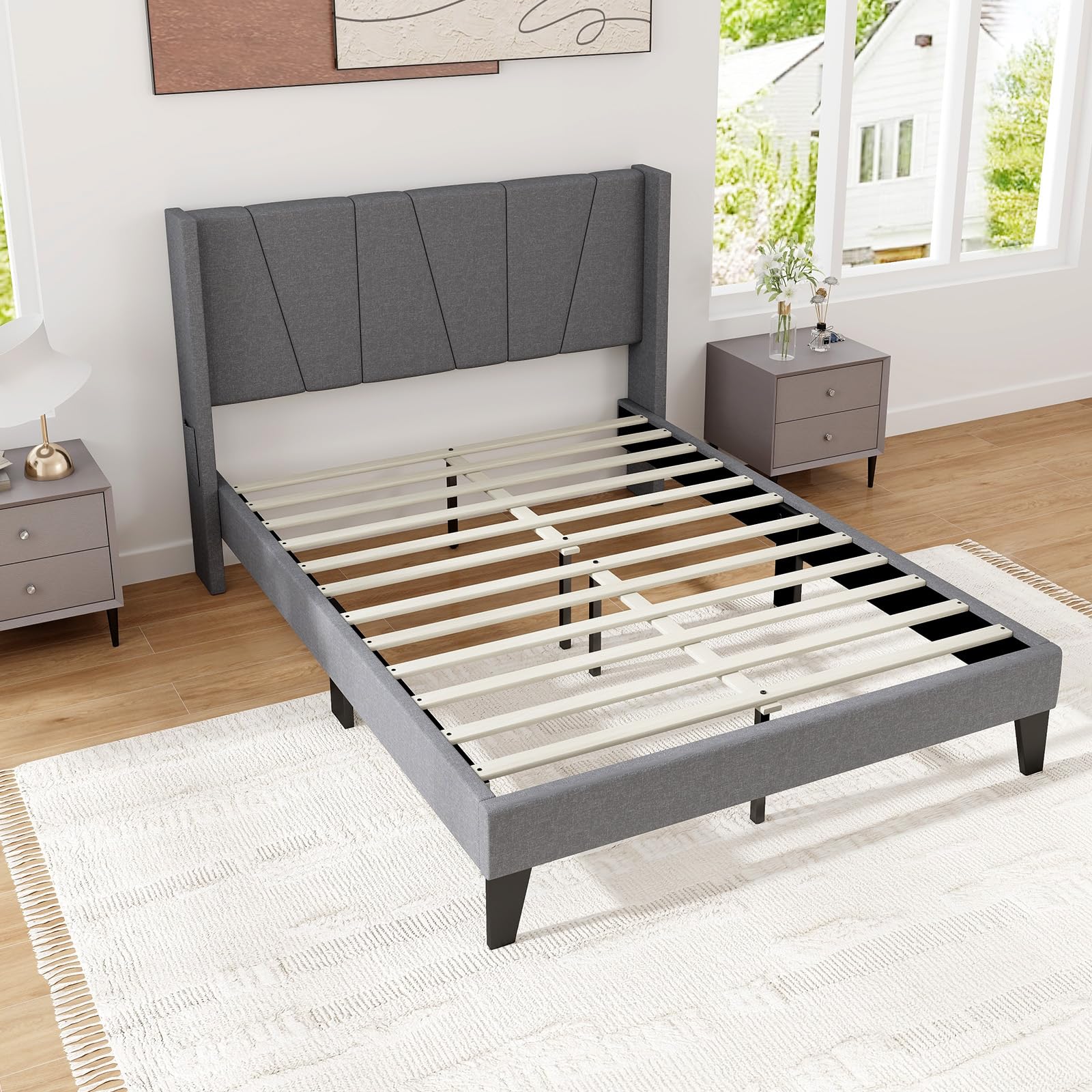 Upholstered Bed Frame with Wingback Headboard