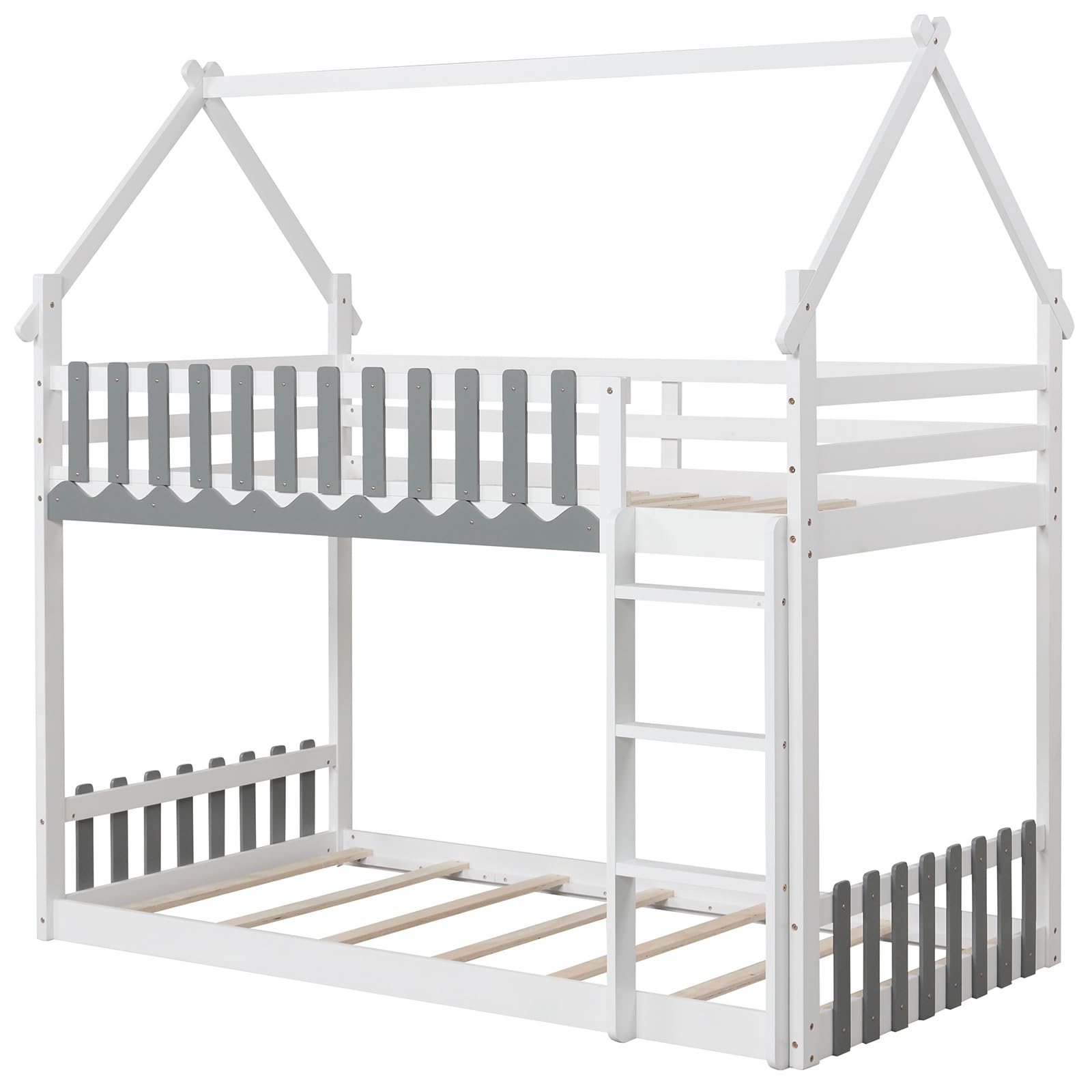 Wood Twin Over Twin House Bunk Bed, Solid Wood Low Bunk Bed with Ladder, Safety Guardrails & Fences