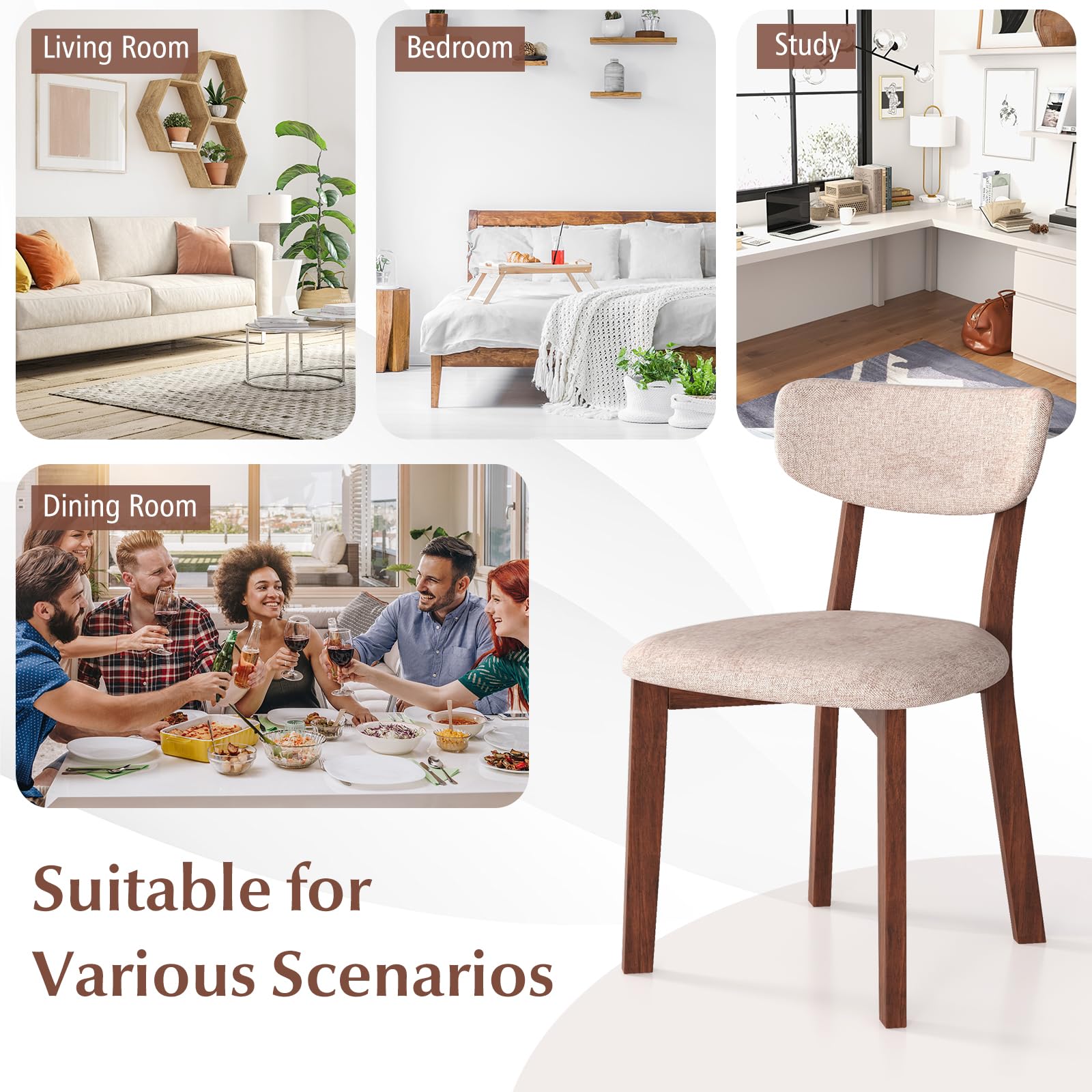 Dining Chairs Set of 2/4, Upholstered Mid-Back Kitchen Chairs with Solid Rubber Wood Frame, Curved Backrest & Padded Seat Cushion