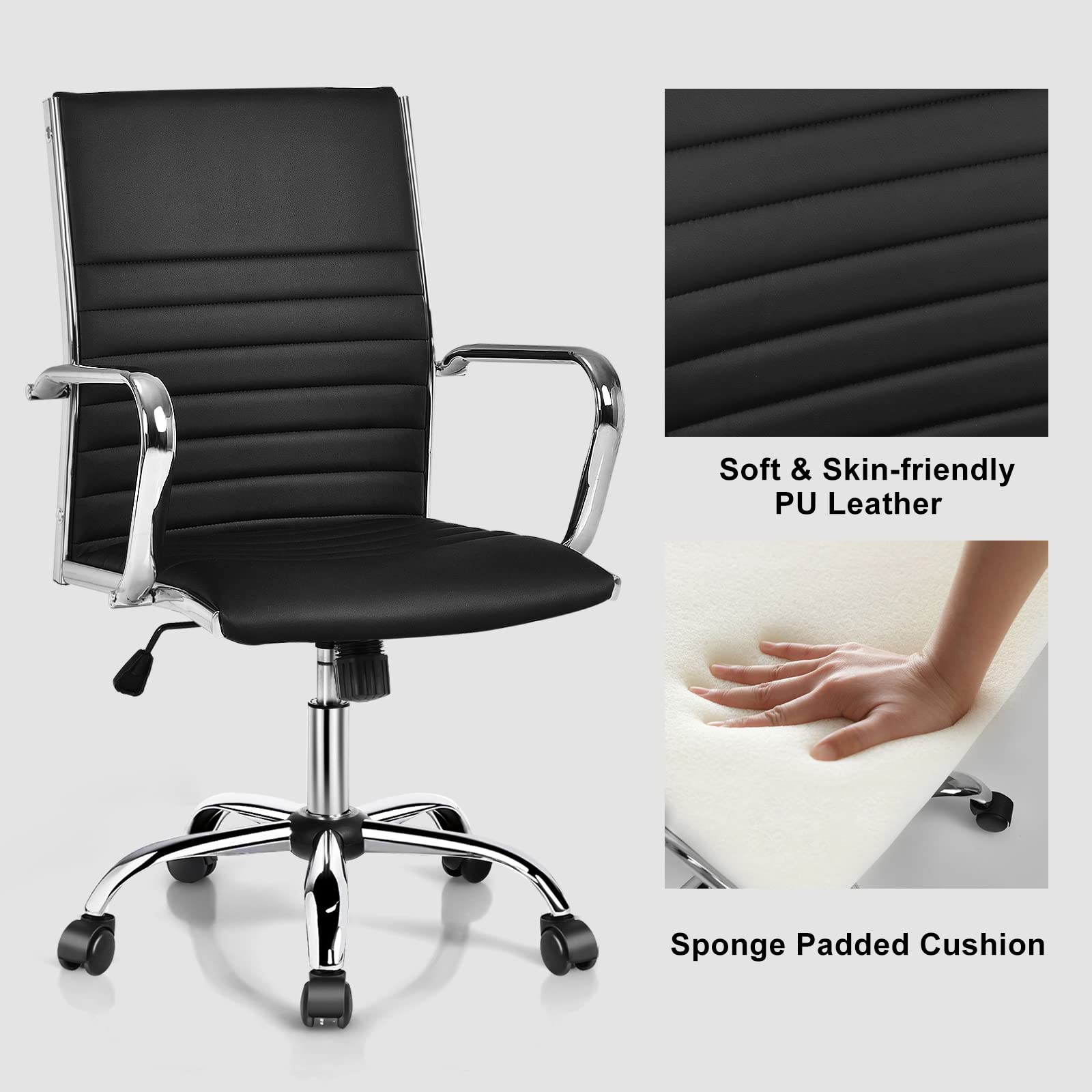 Ribbed Office Chair, Ergonomic Modern Leather Desk Chair with Adjustable Height & Arms, Swivel Mid Back Executive Conference Room Chairs