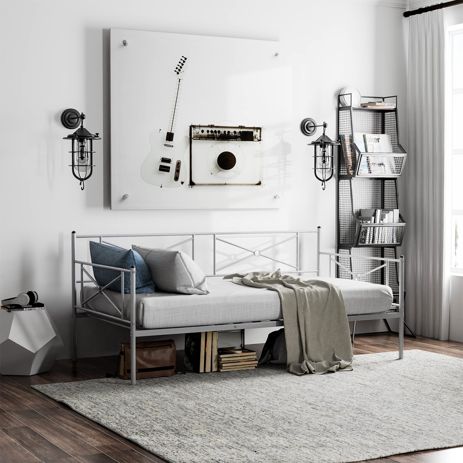 Twin Size Metal Daybed, Multifunctional Sofa Guest Bed with Headboard