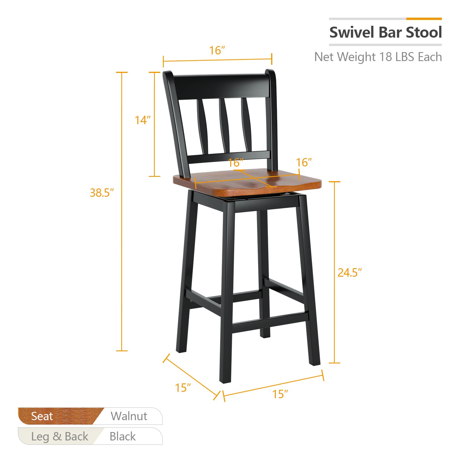 24.5 Inch Solid Rubber Wood Bar Stools Set of 2/4 with 360 &deg;Swiveling, Footrest