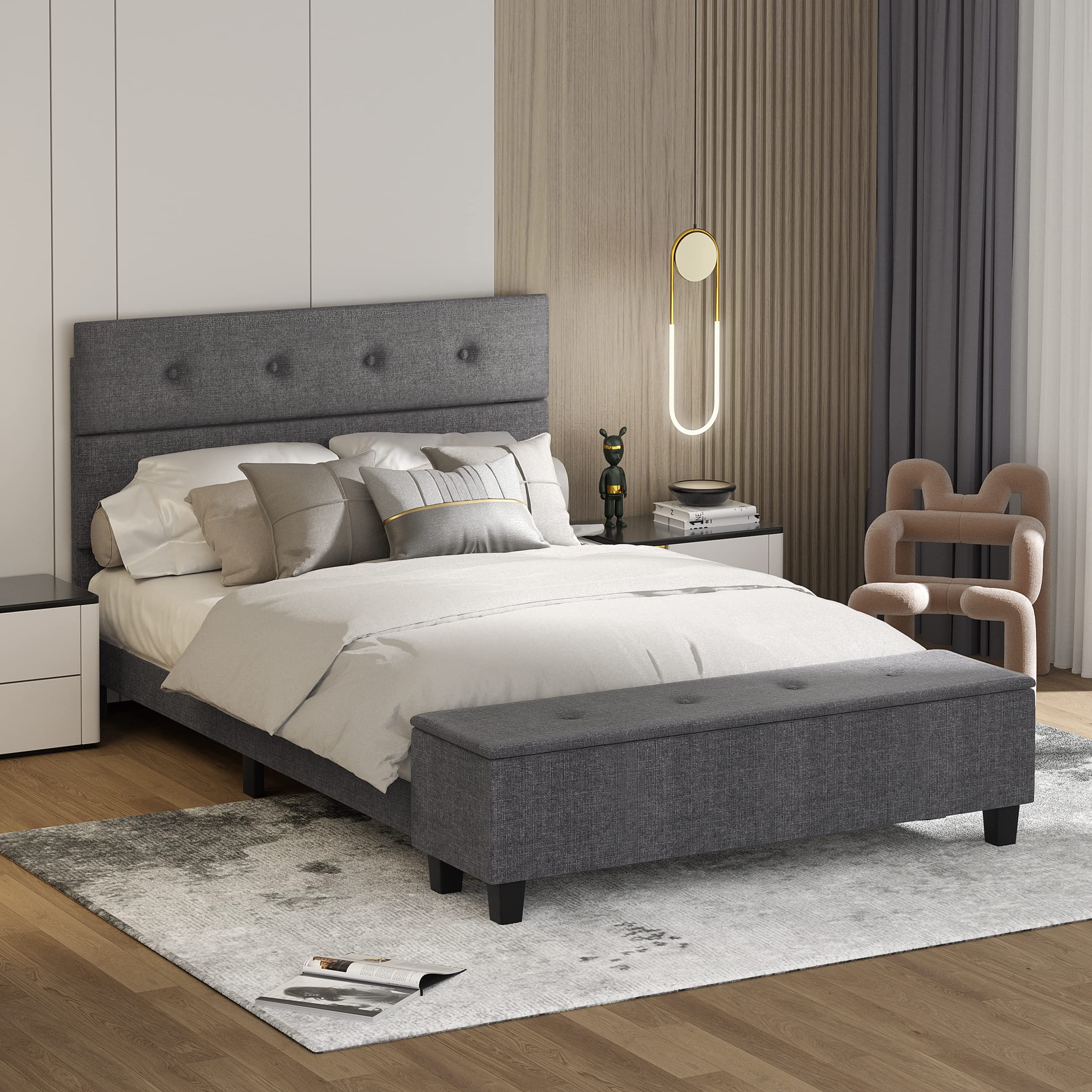 Full/Queen Size Upholstered Bed Frame with Ottoman Storage