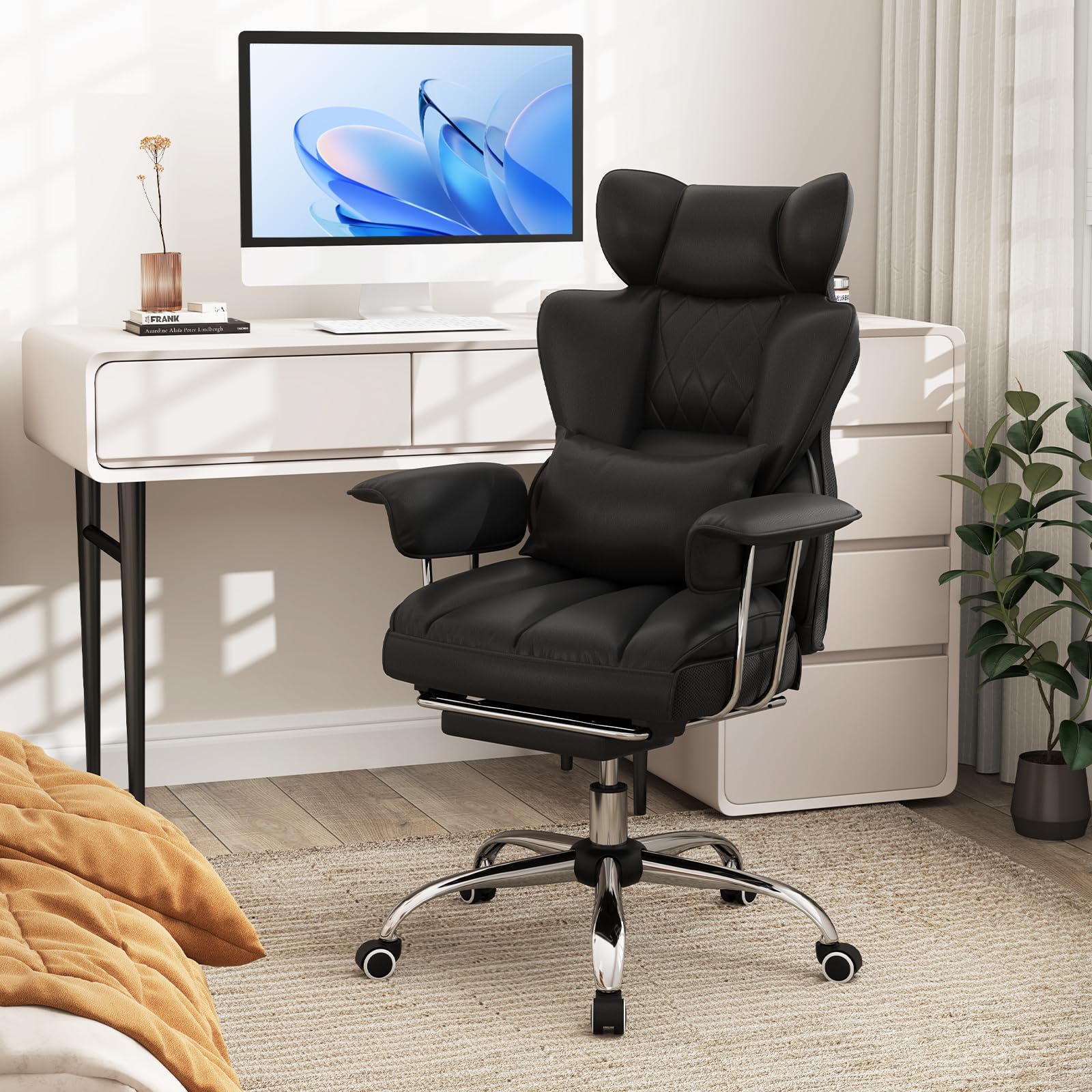 400 LBS Big and Tall Office Chair, PU Leather Executive Desk Chair w/Retractable Footrest