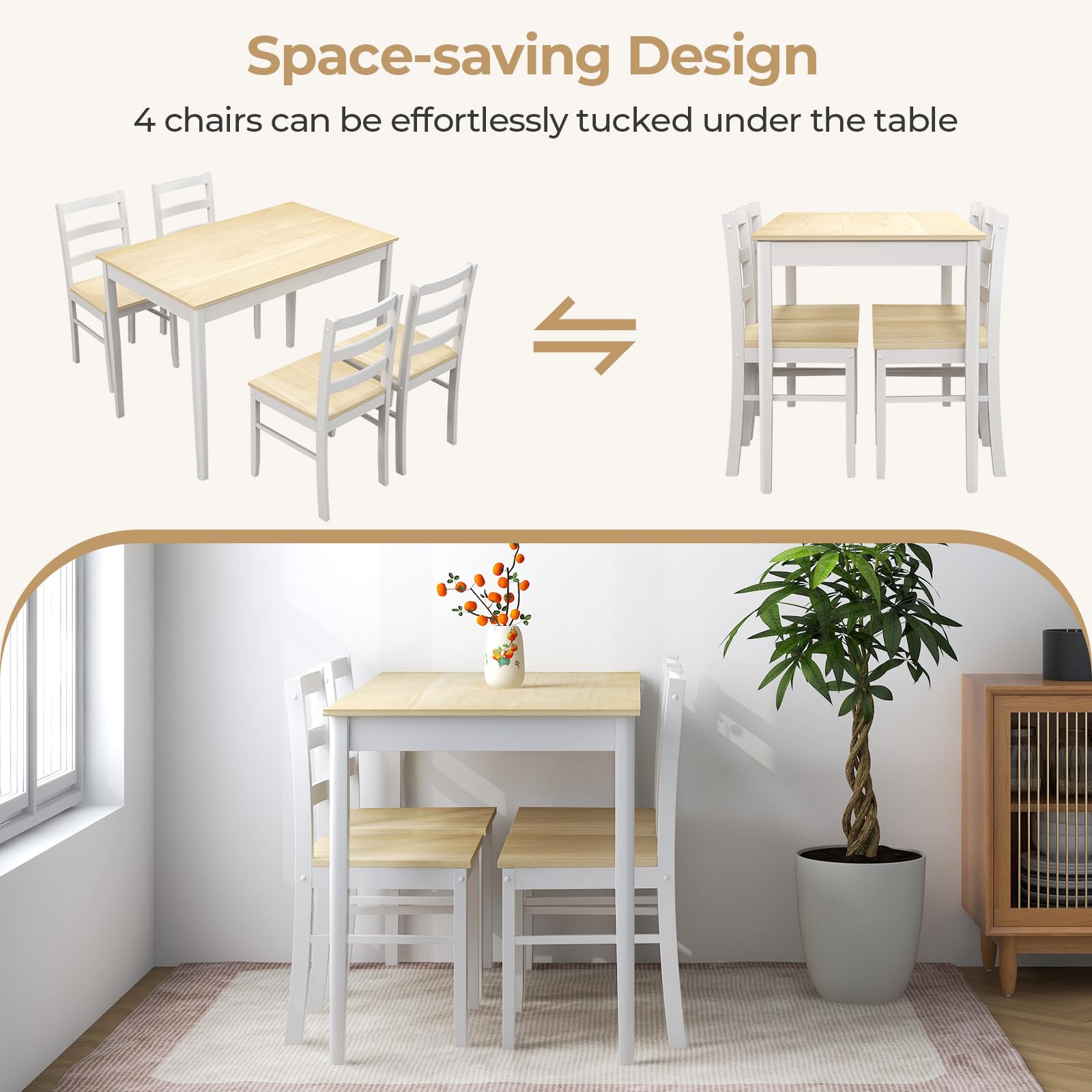 Dining Table Set for 4, Farmhouse Solid Wood Dining Set w/Rubber Wood Legs