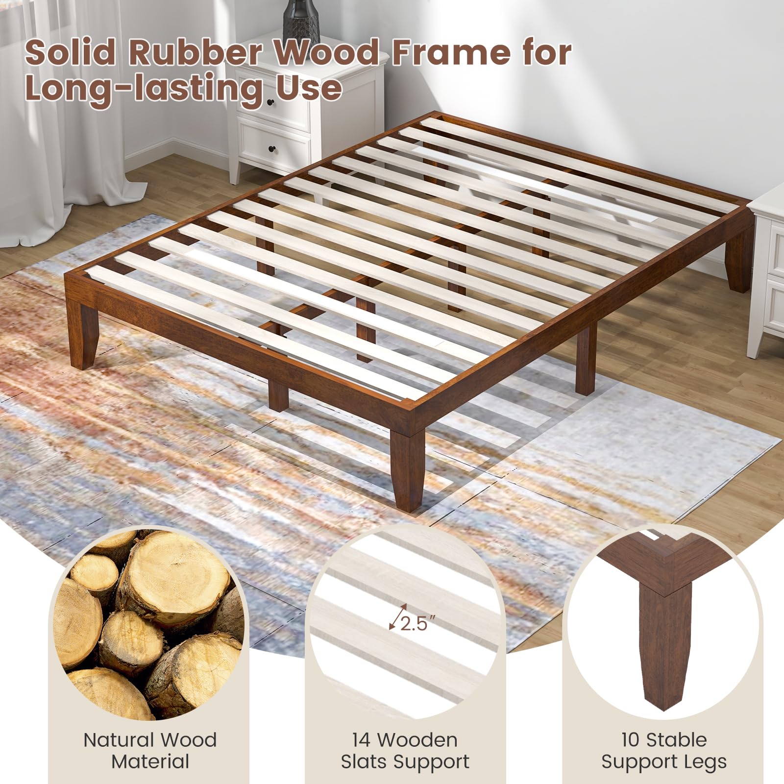 14 Inches Wood Platform Bed Frame, Solid Wood Mattress Foundation with Rubber Wood Frame