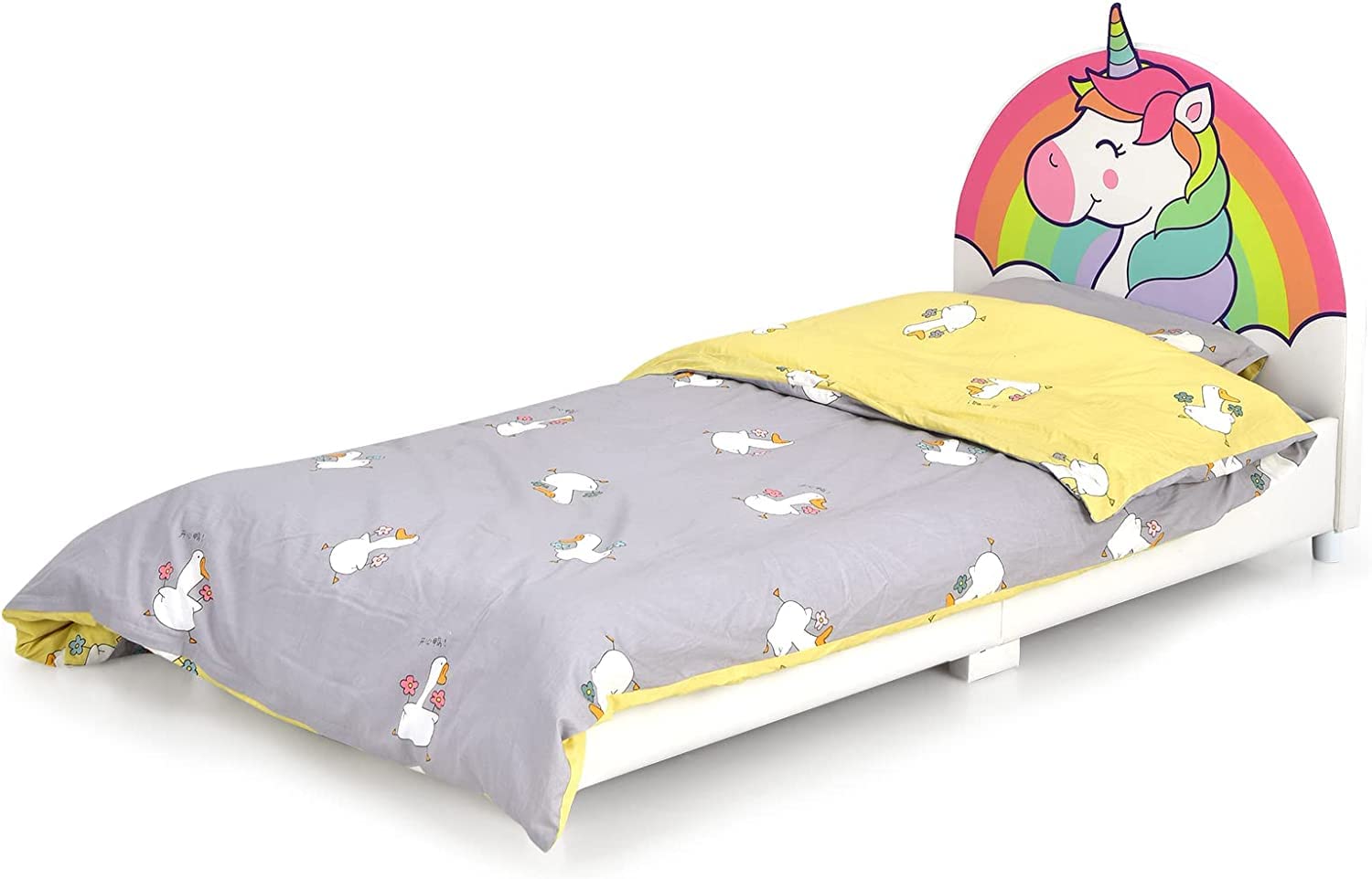 Kids Bed, Toddler Upholstered Platform Floor Bed w/Headboard & Wooden Slat Base
