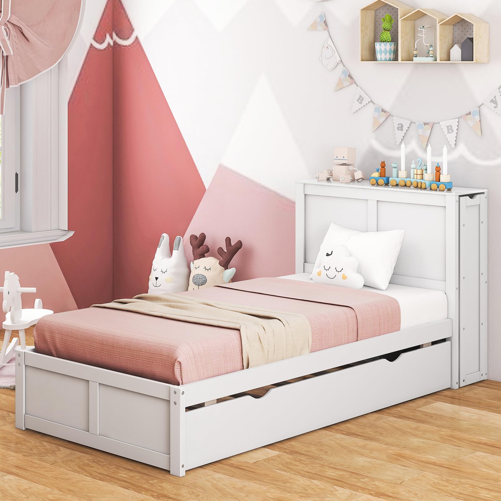 Twin Wood Daybed with Trundle with 2 Rolling Bookcases & High Headboard