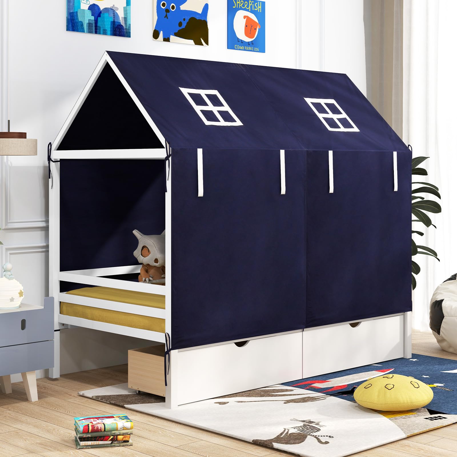 Twin House Bed with Tent, Wood Kids Bed with 2 Storage Drawers, Solid Wood Daybed Frame with Rails and Roof