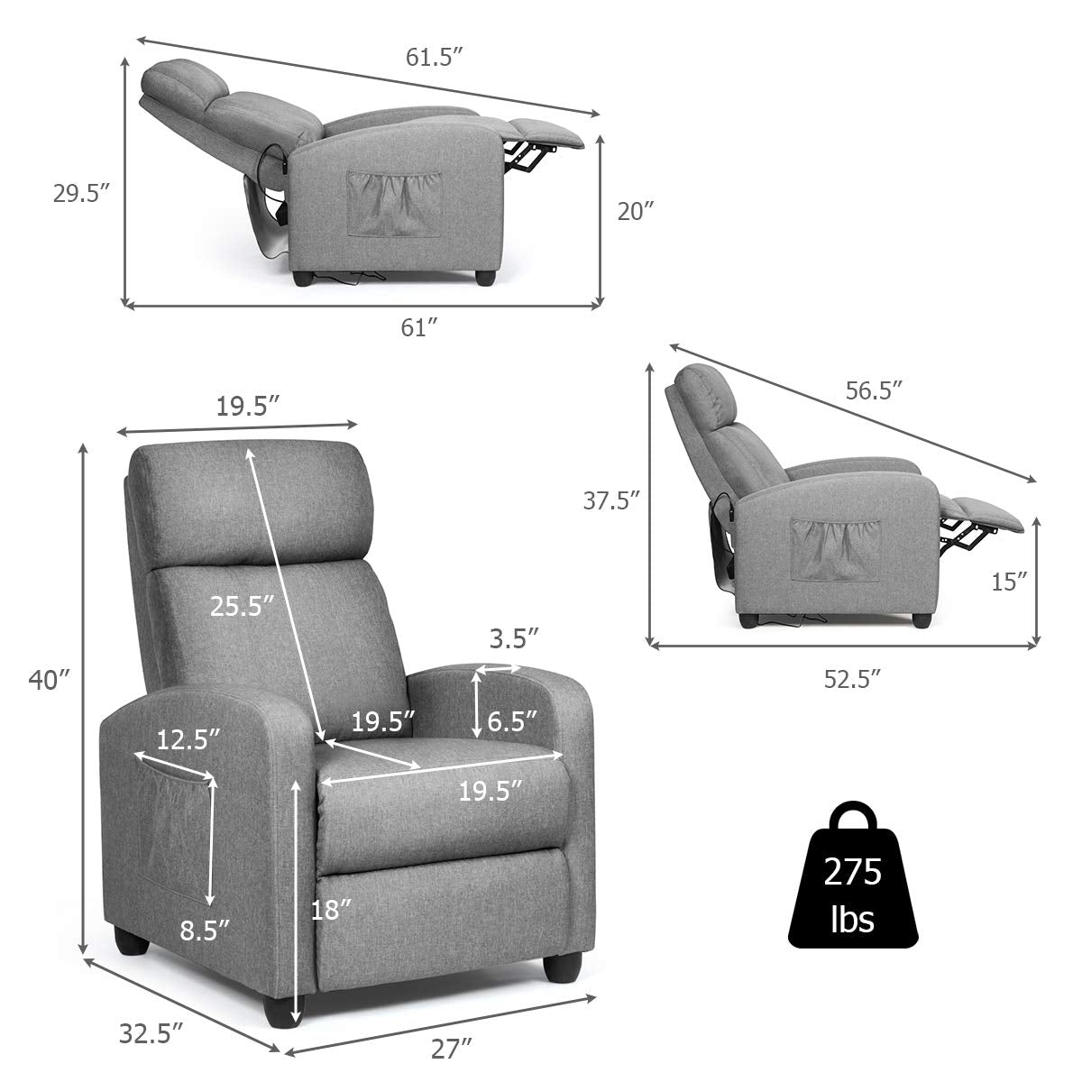 Recliner Chair for Living Room, Recliner Sofa Wingback Chair w/Massage Function