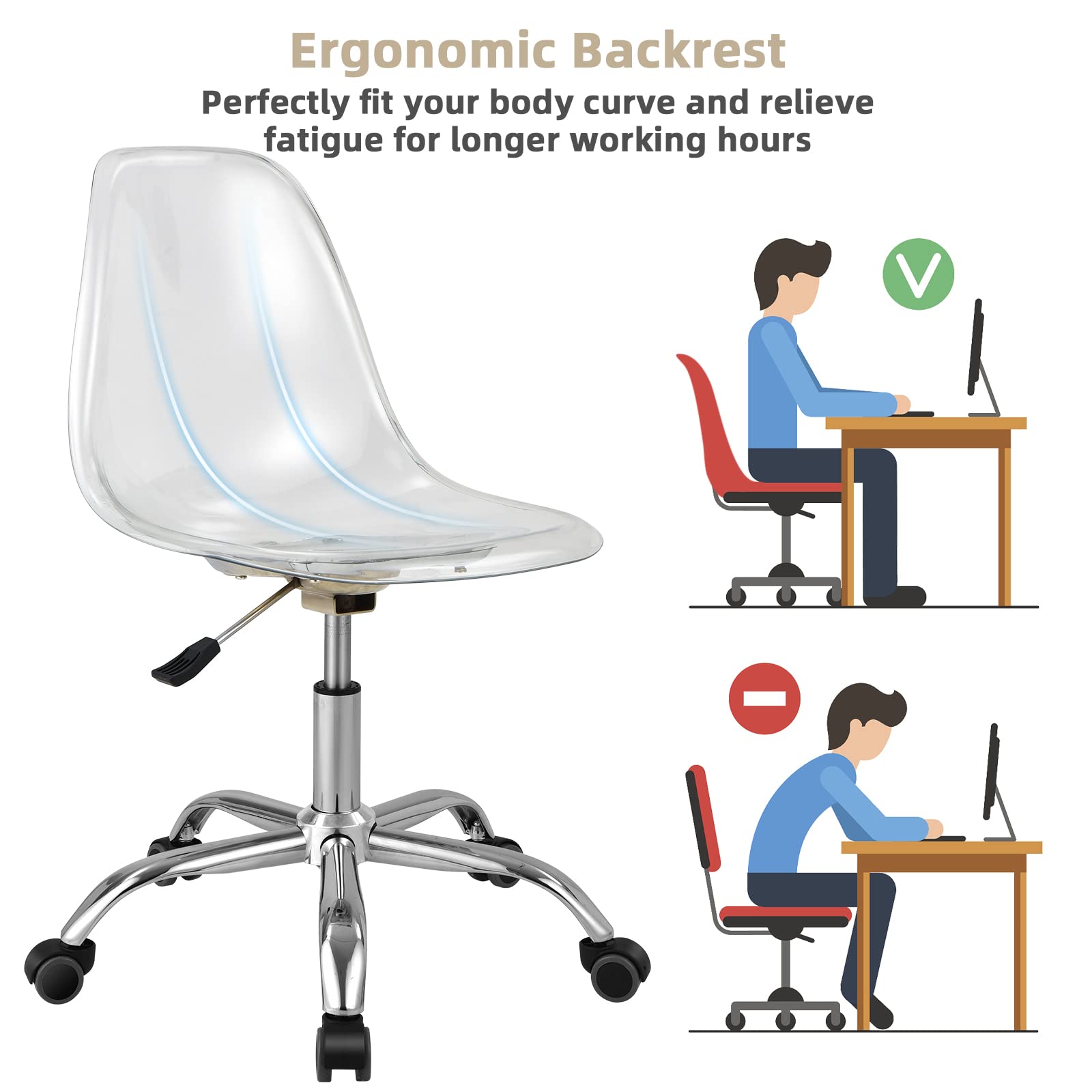 Acrylic Clear Desk Chair, Armless Swivel Vanity Ghost Plastic Chair with Sturdy Metal Base & Smooth Wheels