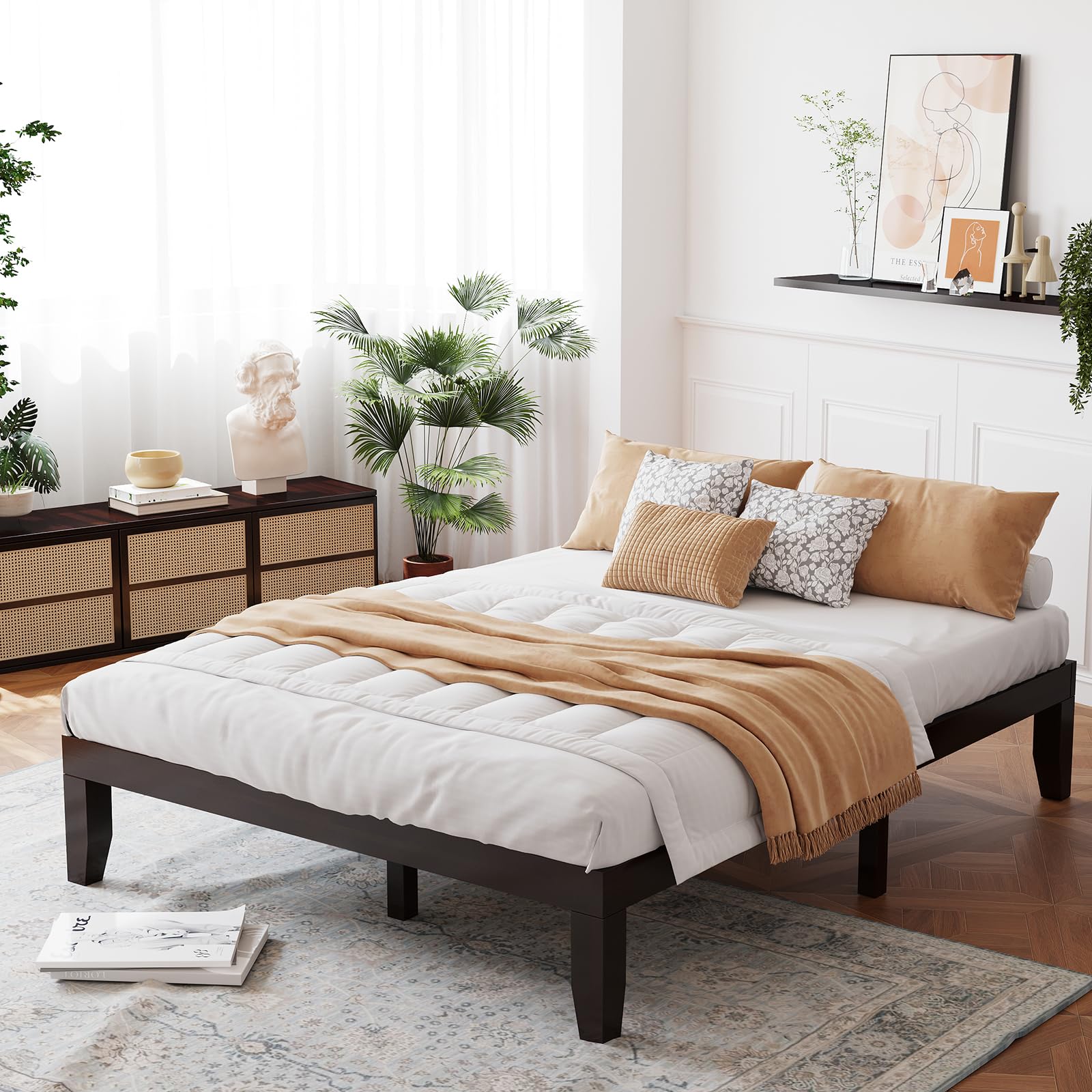 14 Inches Wood Platform Bed Frame, Solid Wood Mattress Foundation with Rubber Wood Frame