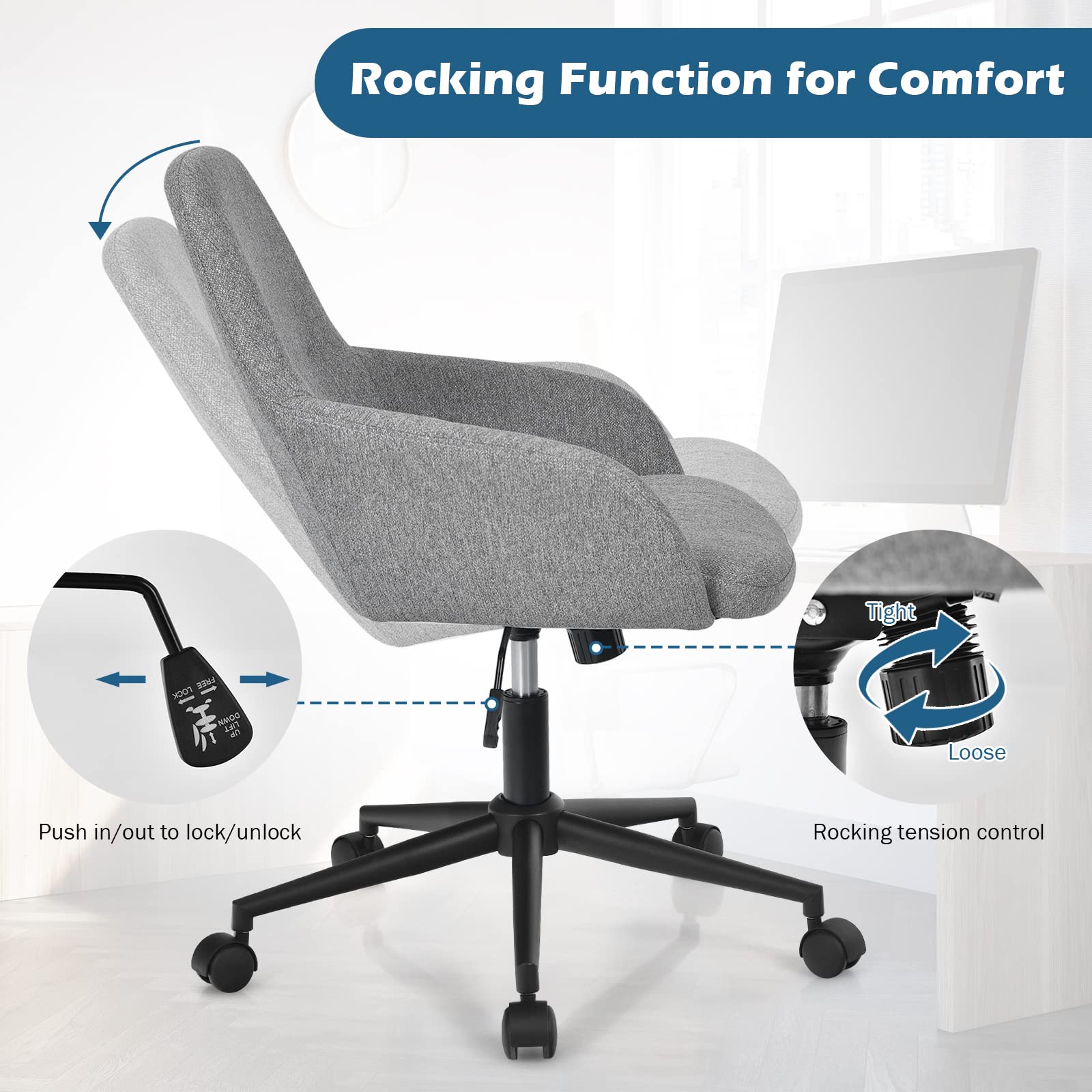 Fabric Office Chair, Upholstered Linen Leisure Chair, Ergonomic Desk Chair w/Rocking Backrest
