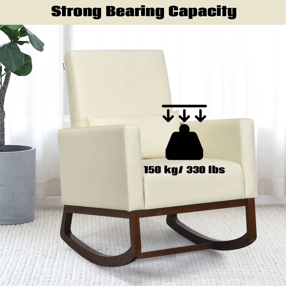 Upholstered Rocking Chair, Modern High Back Armchair, Comfortable Rocker with Fabric Padded Seat, Waist Pillow