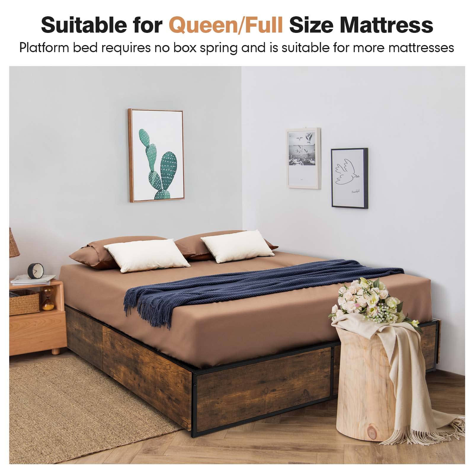 Industrial Metal Bed Frame with 4 Drawers & Reserved Holes for Headboard