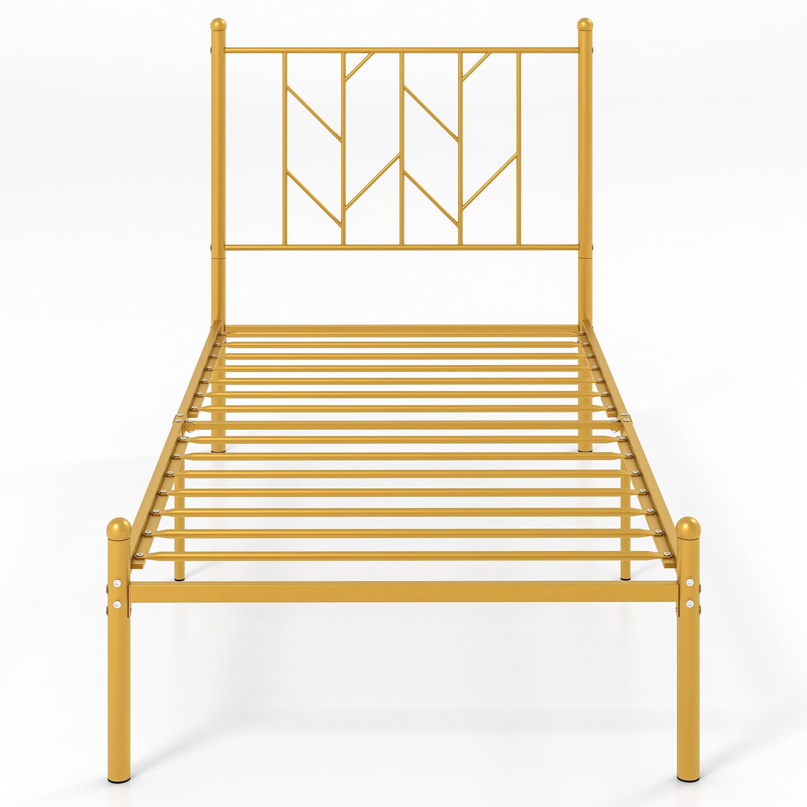 Metal Bed Frame with Victorian Style Headboard, 14 Metal Slats Support