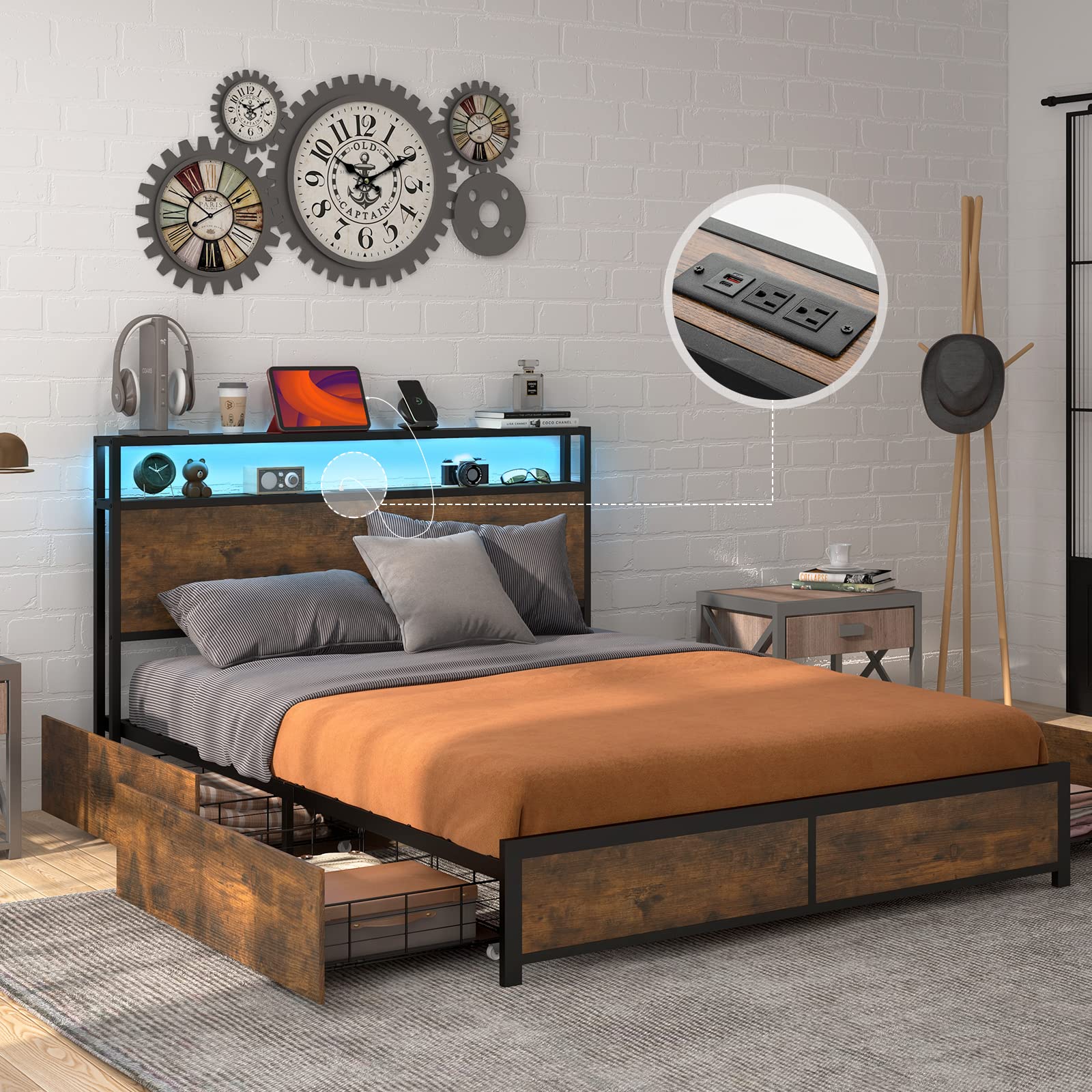 Metal Bed Frame with LED Lights Headboard and 4 Storage Drawers, Outlets and USB Ports Charging Station