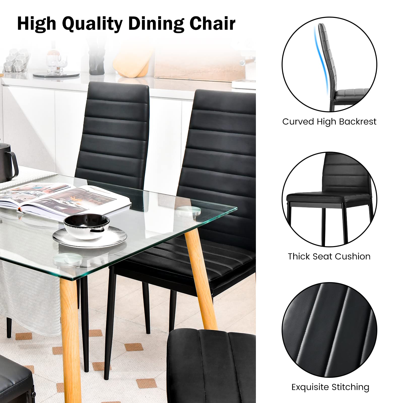 Black Polyvinyl Chloride Metal Dining Chair Set of 6 - Ergonomic High Back, Soft Padded Seat and Back