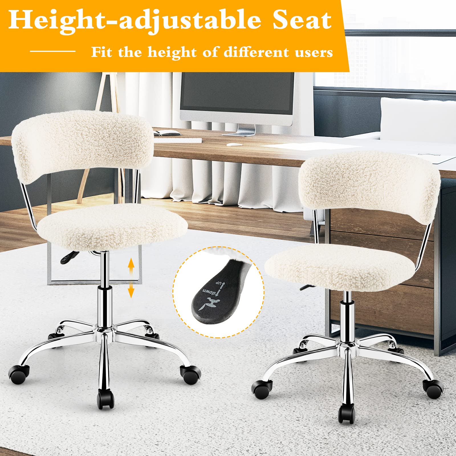 360&deg; Faux Fur Swivel Leisure Chair, Rolling Home Office Chair w/ Wheels & Adjustable Height,