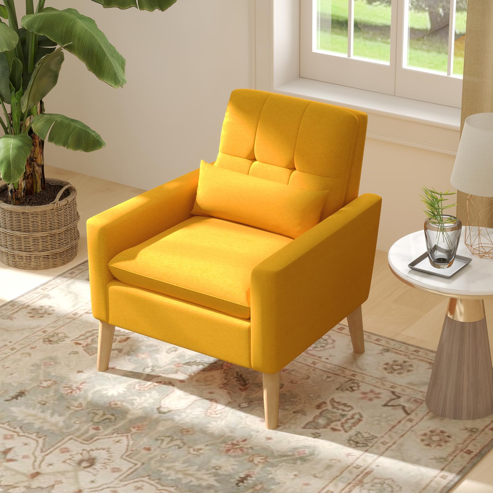 Modern Linen Accent Chair, Upholstered Tufted Armchair with Lumbar Pillow, Rubber Wood Legs, Padded Cushion