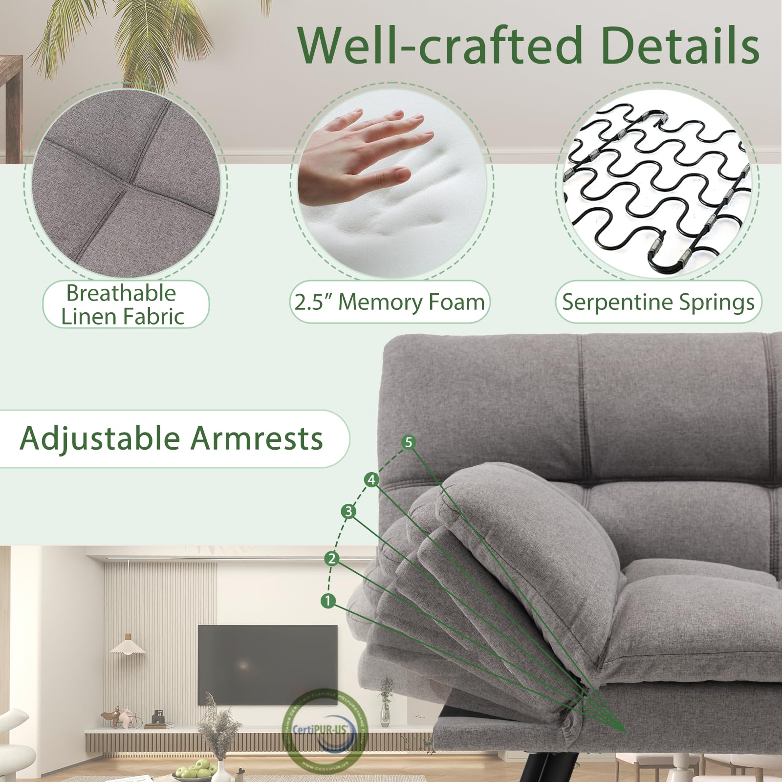 Futon Sofa Bed, Faux Leather Memory Foam Convertible Futon Couch with Adjustable Backrest & Armrests