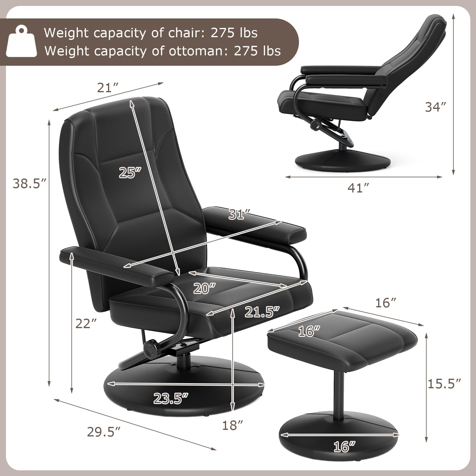 Recliner Chair with Ottoman, 360&deg; Swivel Faux Leather Reclining Chair w/Adjustable Backrest, Footrest