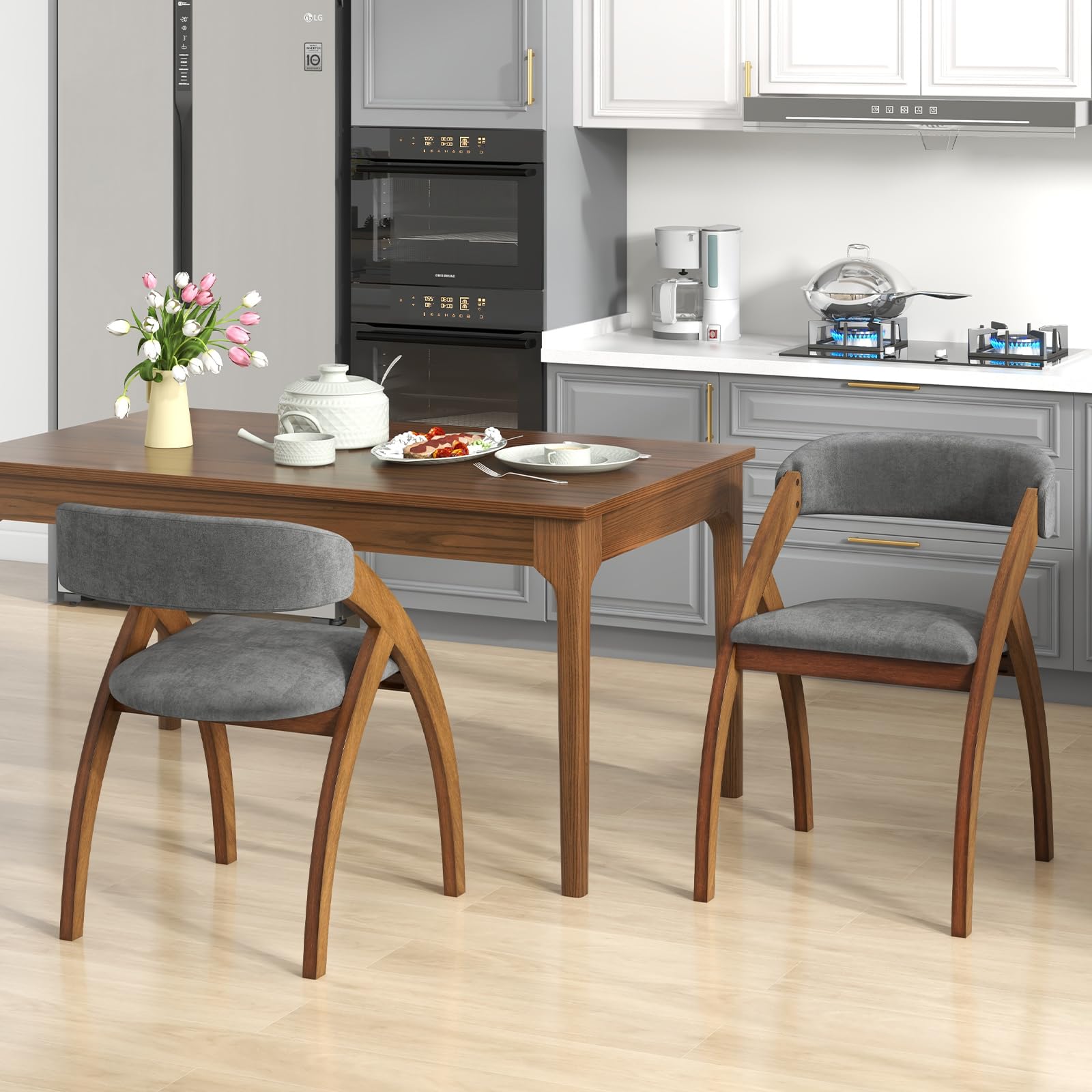 Wooden Dining Chairs Set of 2/4, Upholstered Kitchen Chairs w/Arched Rubber Wood Legs, Padded Cushion & Curved Back