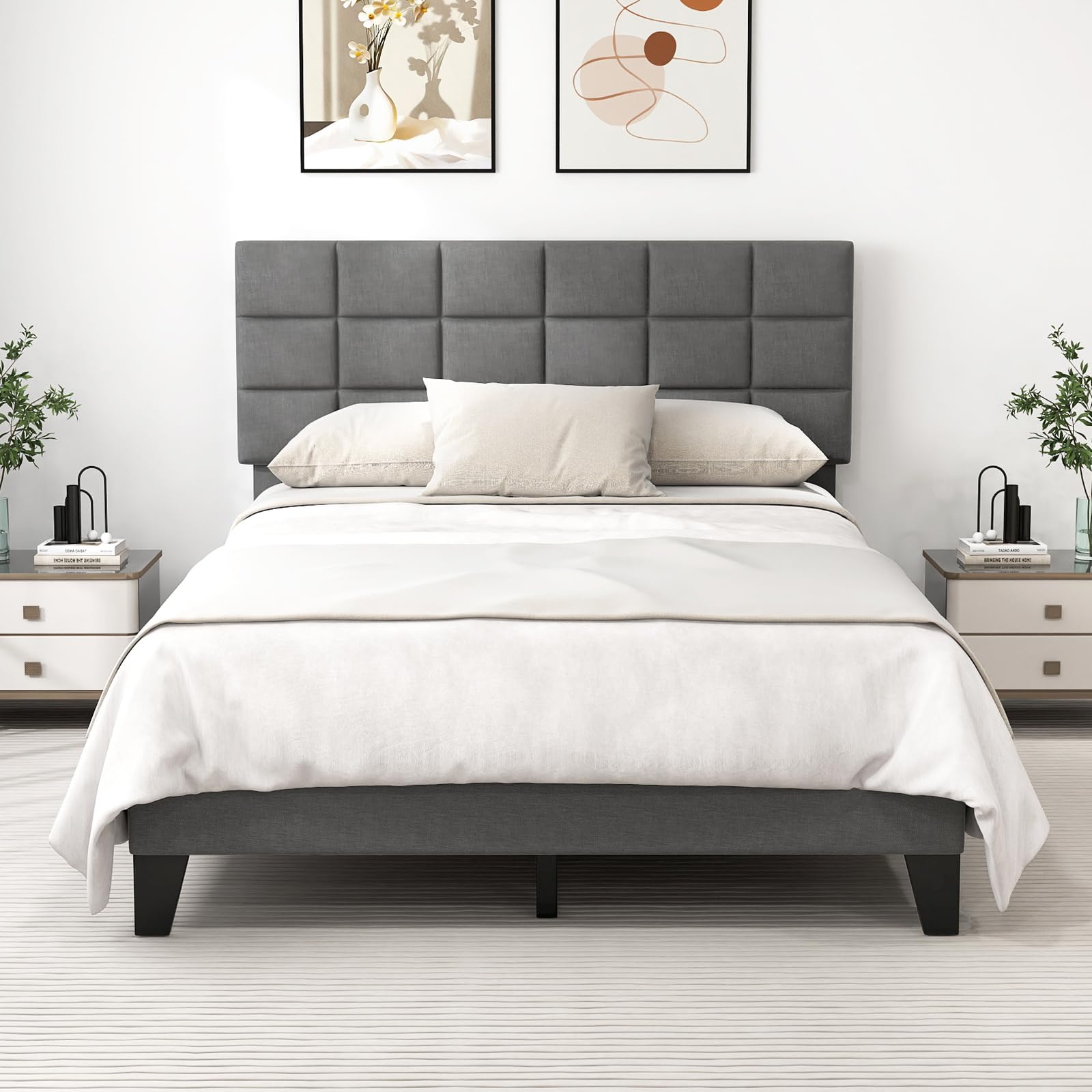 Linen Fabric Upholstered Bed Frame with Adjustable Headboard & Wooden Slat Support