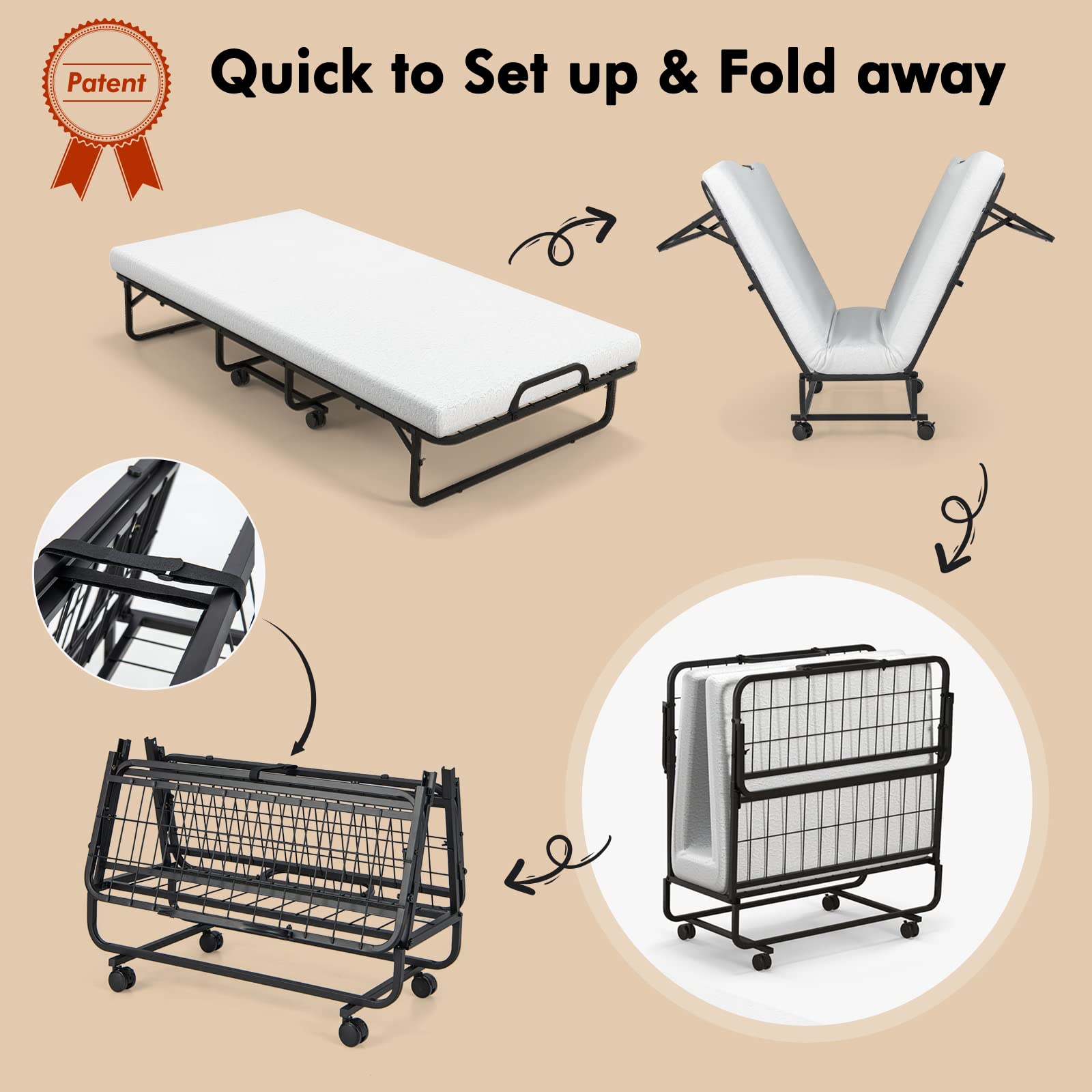Folding Rollaway Bed with 4" Mattress, Twin Size Portable Bed with Rolling Casters