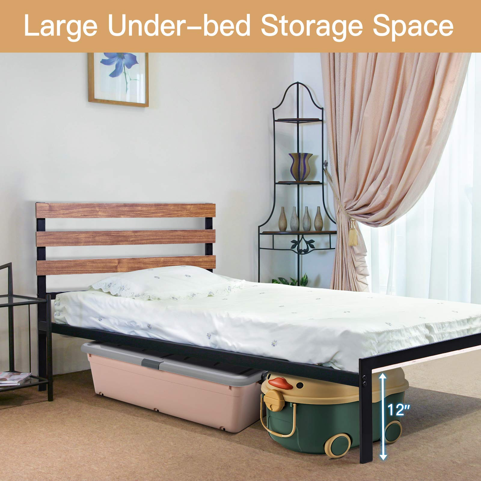 Metal Bed Frame with Wood Headboard and Slats