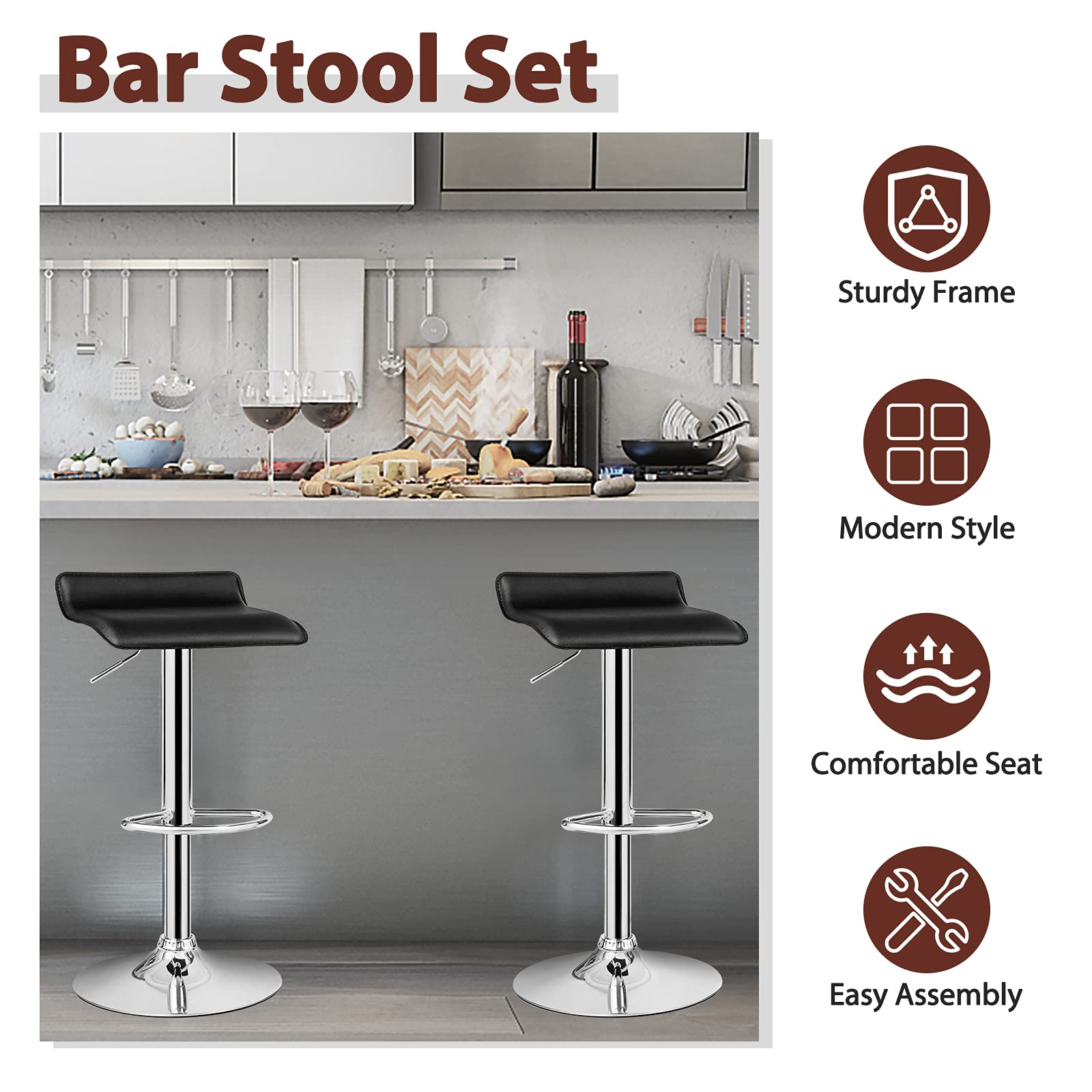 Bar Stools Set of 2/4, Adjustable Swivel PU Leather Barstools w/Footrest, Chrome Base