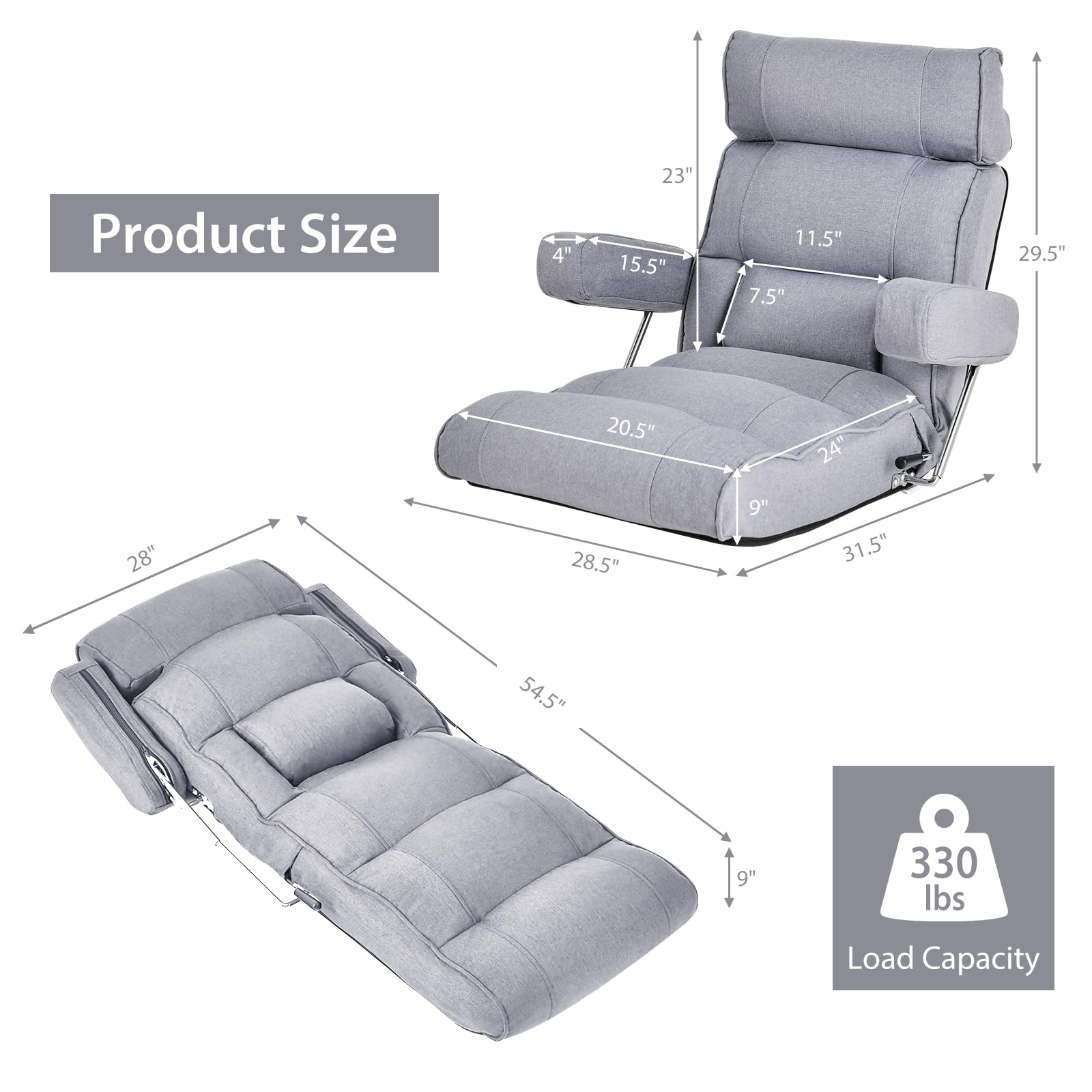 Adjustable Folding Floor Sofa Chair, Upholstered Indoor Chaise Lounge with 6-position
