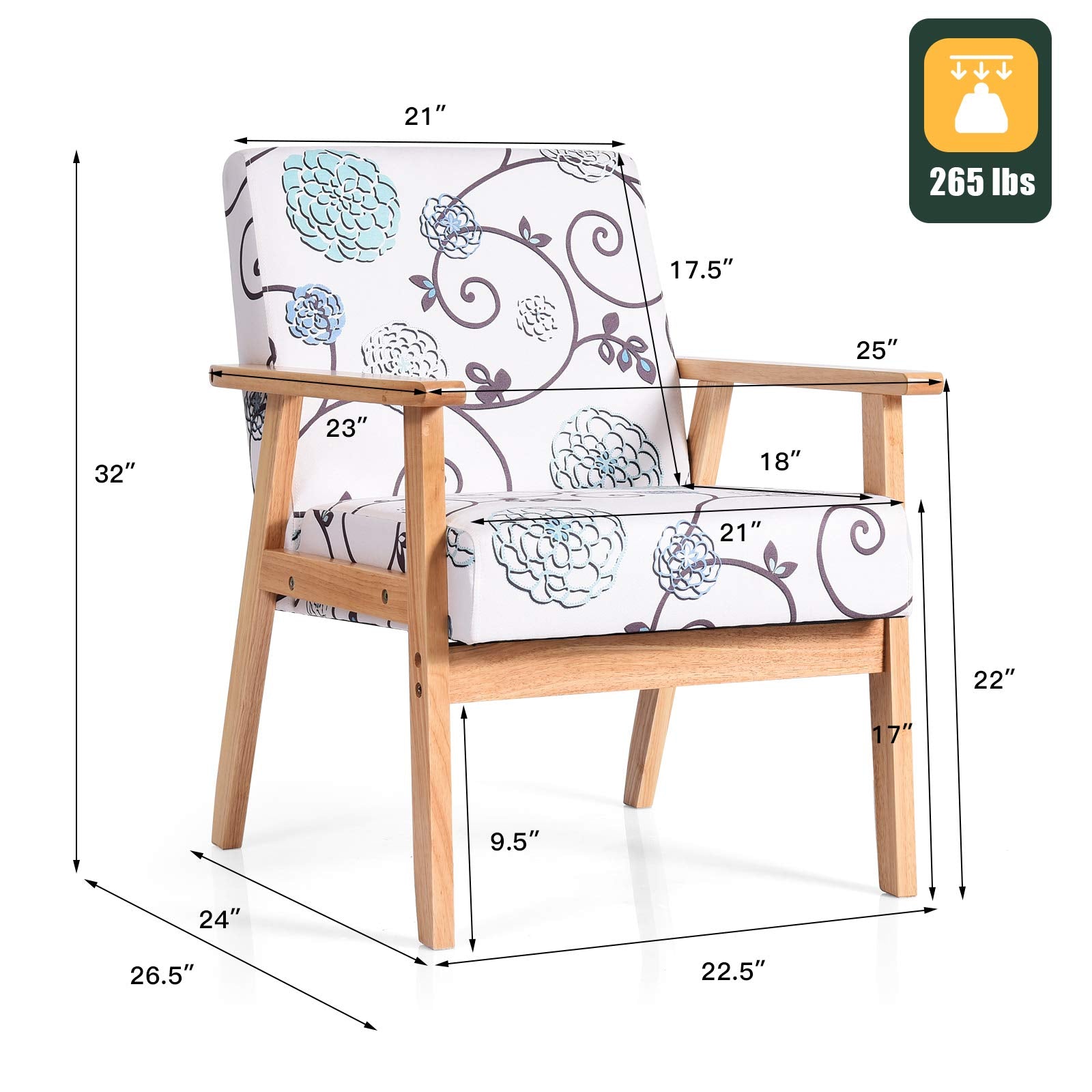 Mid Century Accent Arm Chairs, Fabric Modern Armchairs w/Rubber Wood, Pretty Pattern, Soft Sponge