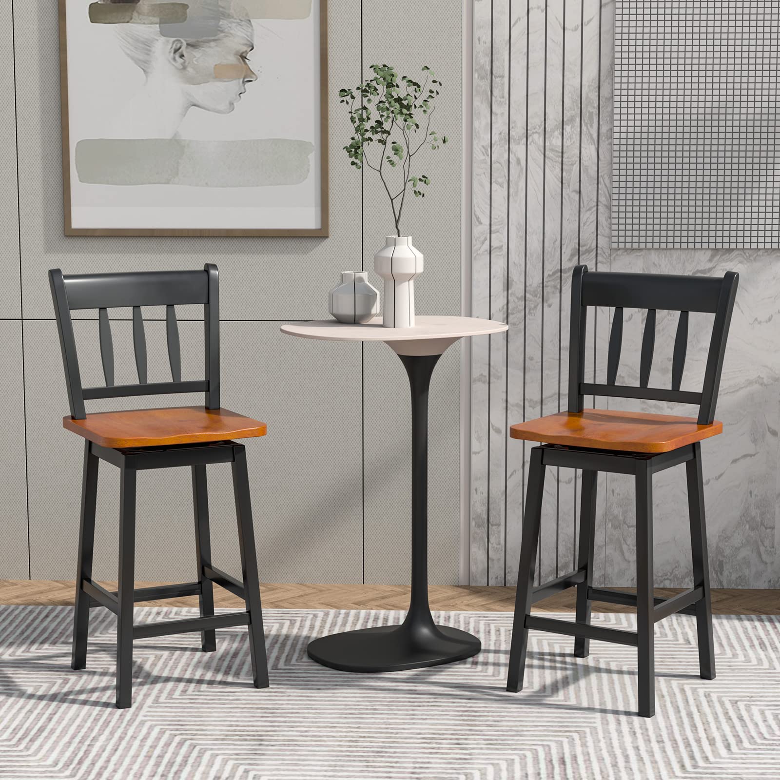 24.5 Inch Solid Rubber Wood Bar Stools Set of 2/4 with 360 &deg;Swiveling, Footrest